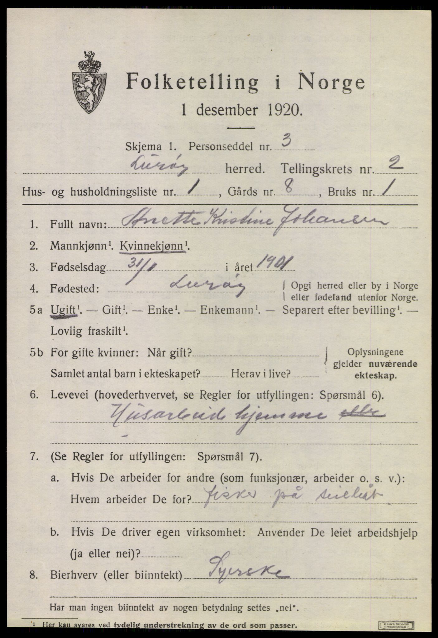 SAT, 1920 census for Lurøy, 1920, p. 1345