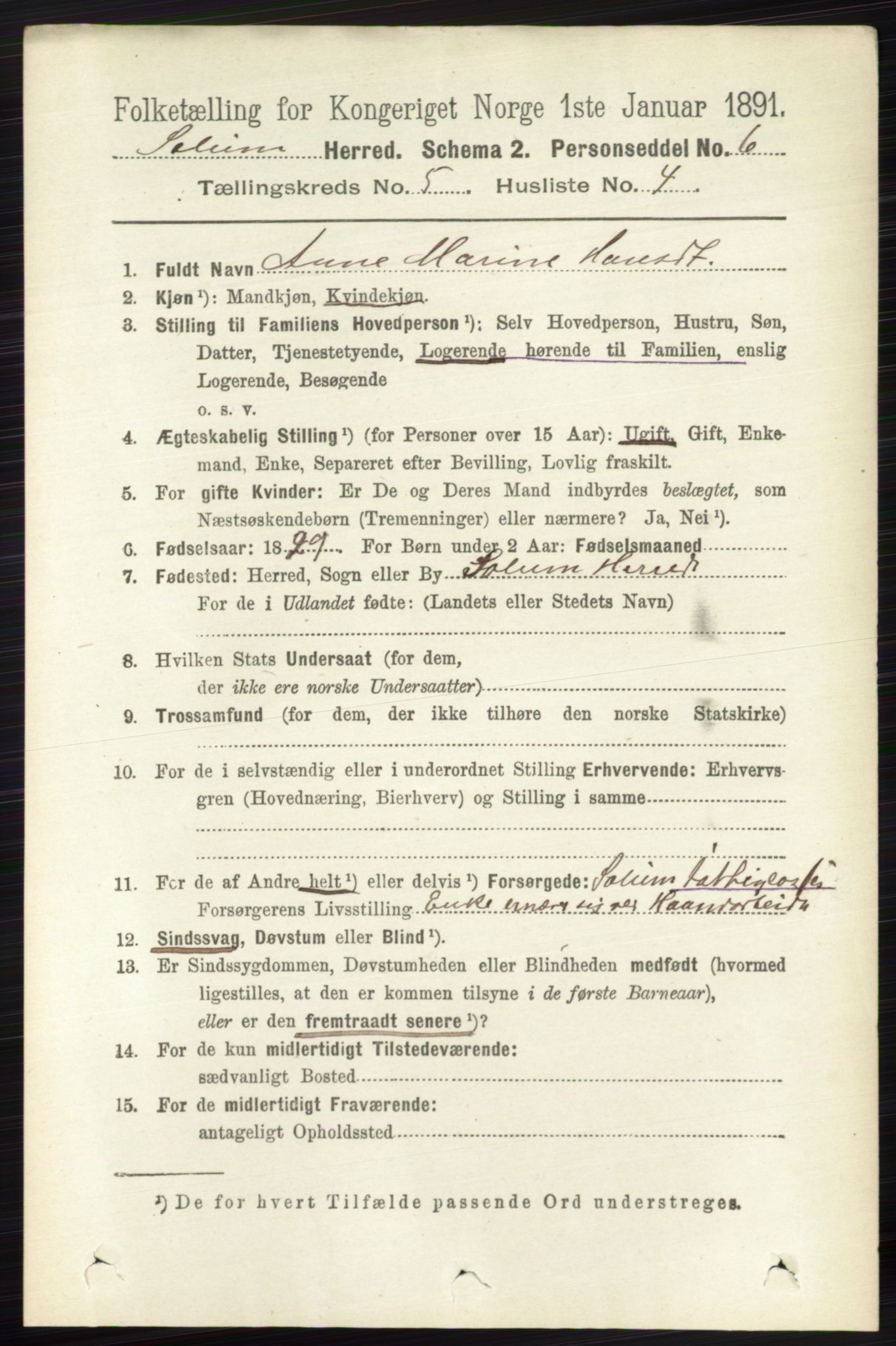 RA, 1891 census for 0818 Solum, 1891, p. 857