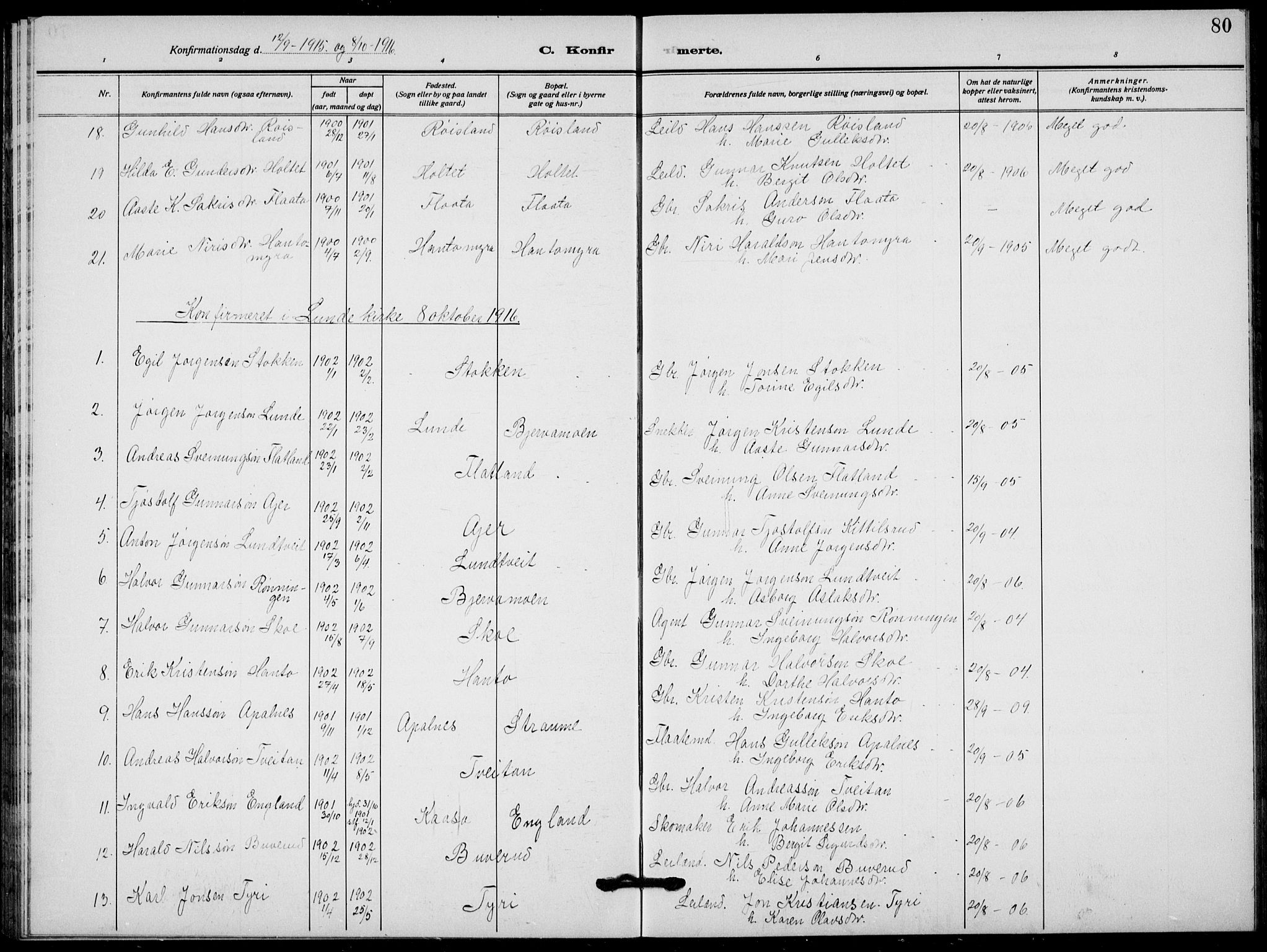 Lunde kirkebøker, AV/SAKO-A-282/G/Ga/L0005: Parish register (copy) no. I 5, 1914-1922, p. 80