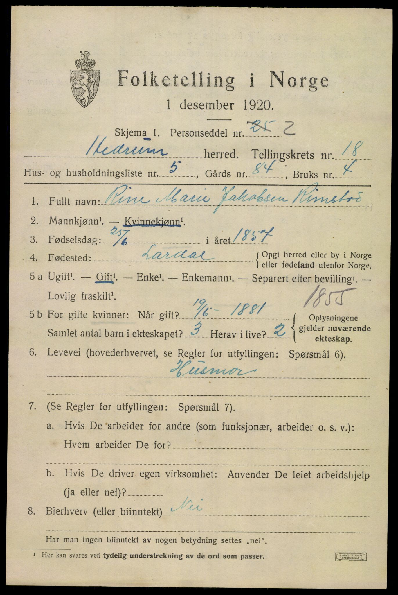 SAKO, 1920 census for Hedrum, 1920, p. 10849