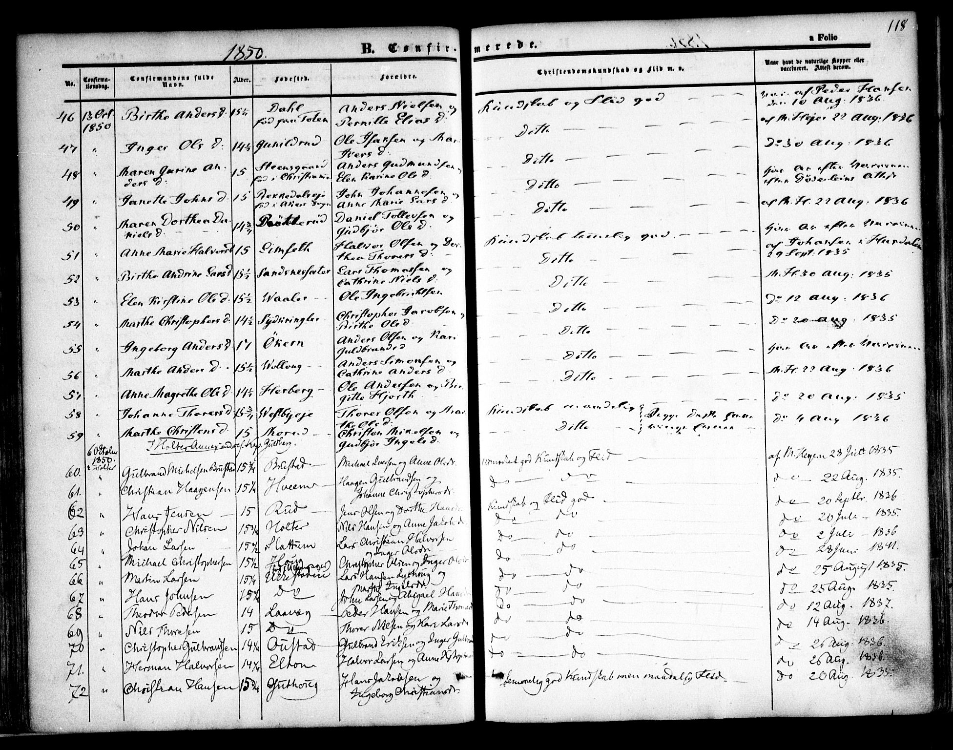 Nannestad prestekontor Kirkebøker, SAO/A-10414a/F/Fa/L0011: Parish register (official) no. I 11, 1850-1859, p. 118