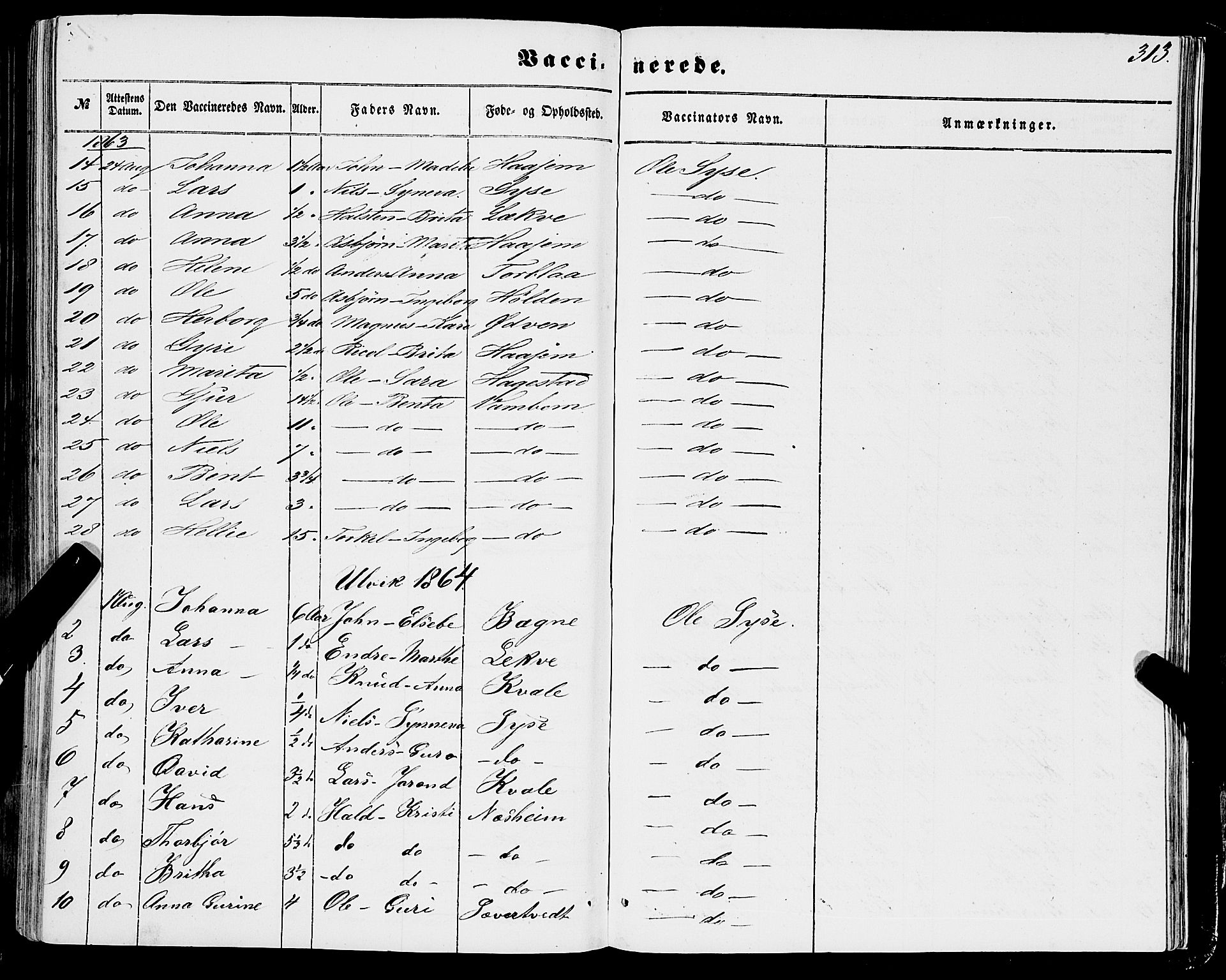 Ulvik sokneprestembete, AV/SAB-A-78801/H/Haa: Parish register (official) no. A 13, 1853-1863, p. 313