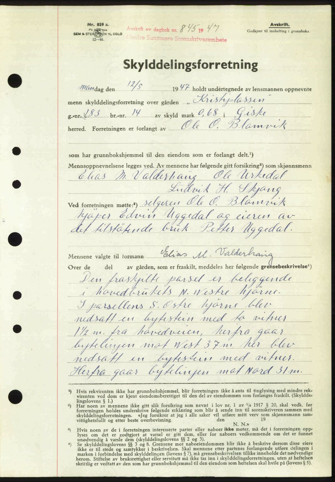 Nordre Sunnmøre sorenskriveri, AV/SAT-A-0006/1/2/2C/2Ca: Mortgage book no. A24, 1947-1947, Diary no: : 845/1947