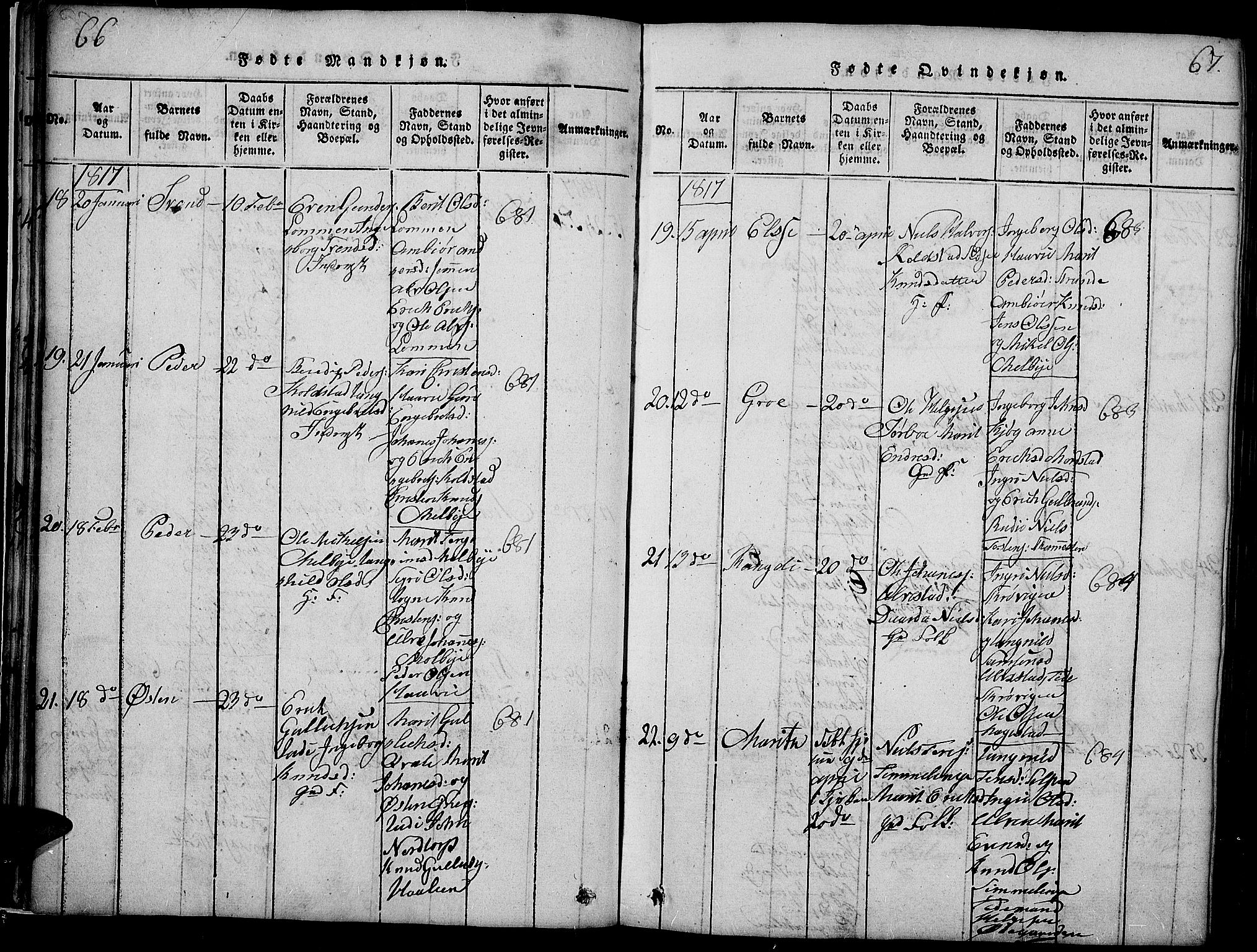 Slidre prestekontor, SAH/PREST-134/H/Ha/Haa/L0002: Parish register (official) no. 2, 1814-1830, p. 66-67