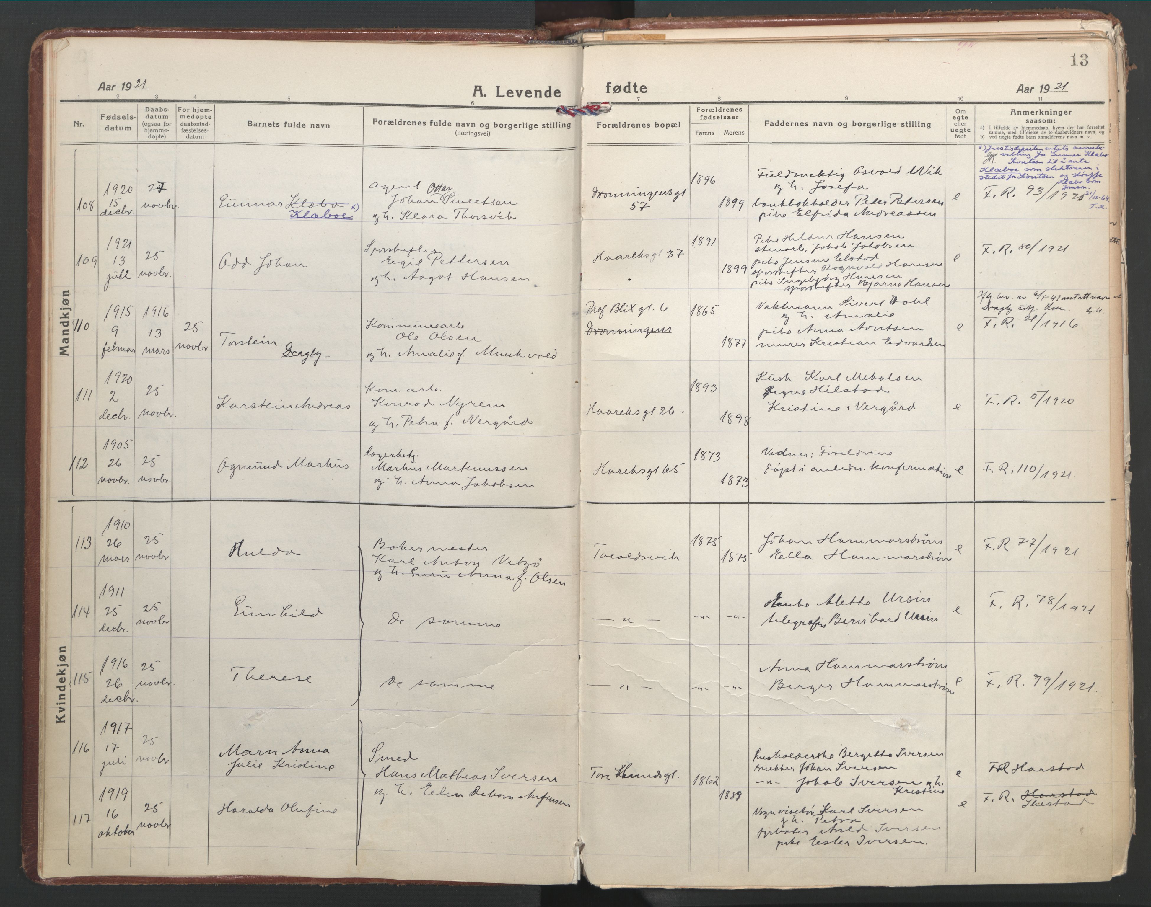 Ministerialprotokoller, klokkerbøker og fødselsregistre - Nordland, AV/SAT-A-1459/871/L1003: Parish register (official) no. 871A19, 1921-1930, p. 13