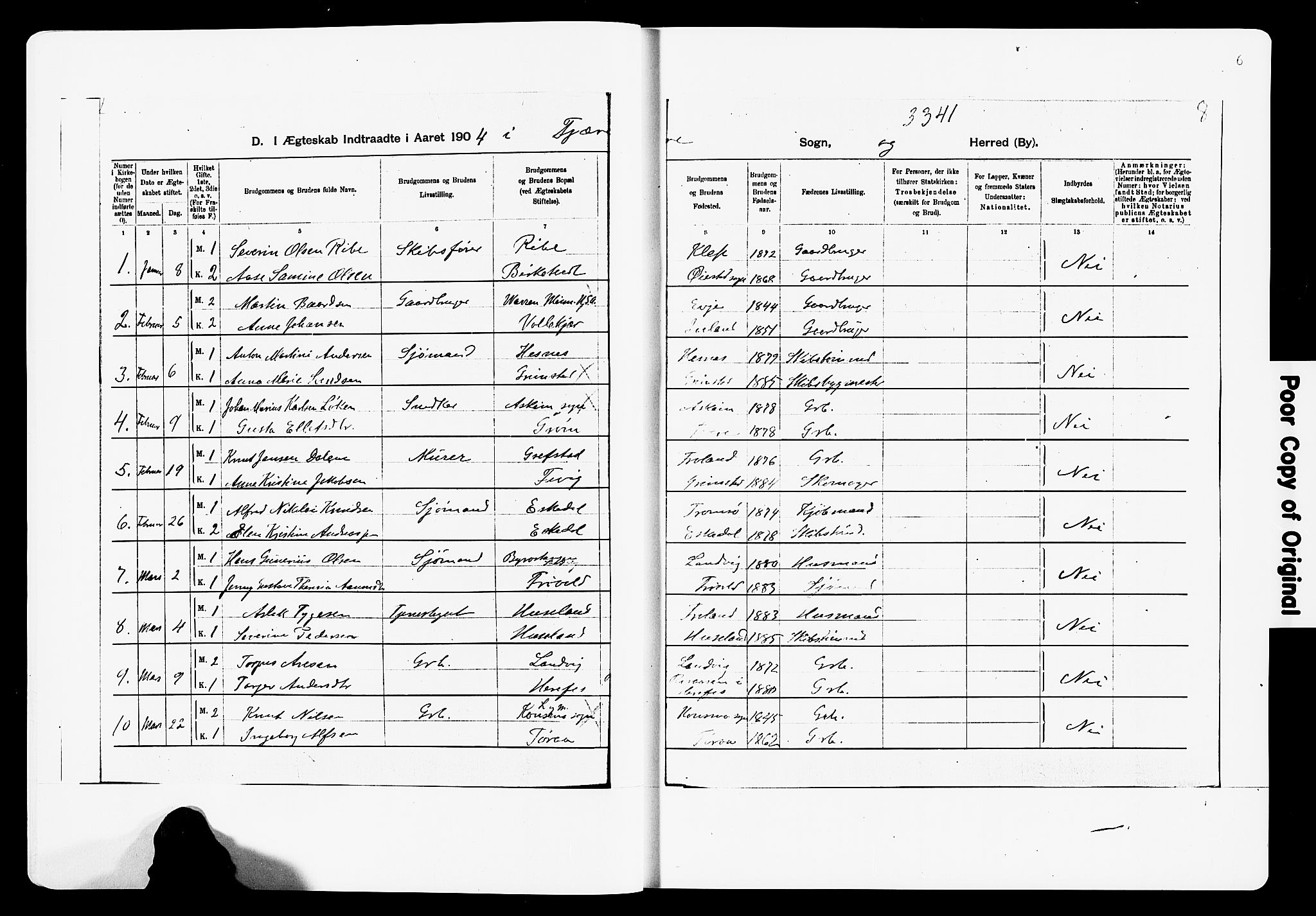 Fjære sokneprestkontor, AV/SAK-1111-0011/F/Fa/L0003: Parish register (official) no. A 3.1, 1903-1920, p. 6