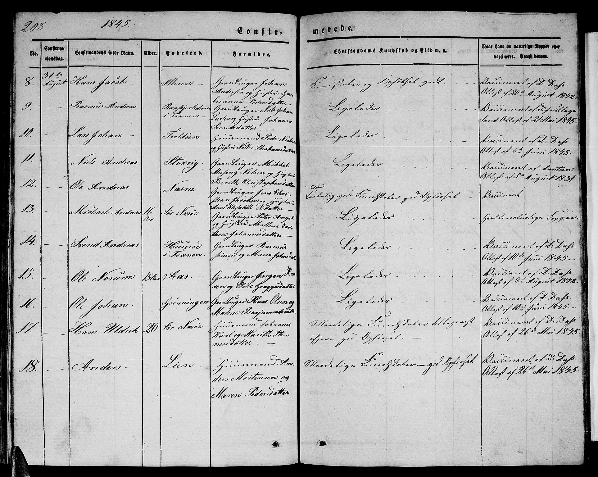 Ministerialprotokoller, klokkerbøker og fødselsregistre - Nordland, AV/SAT-A-1459/839/L0572: Parish register (copy) no. 839C02, 1841-1873, p. 208