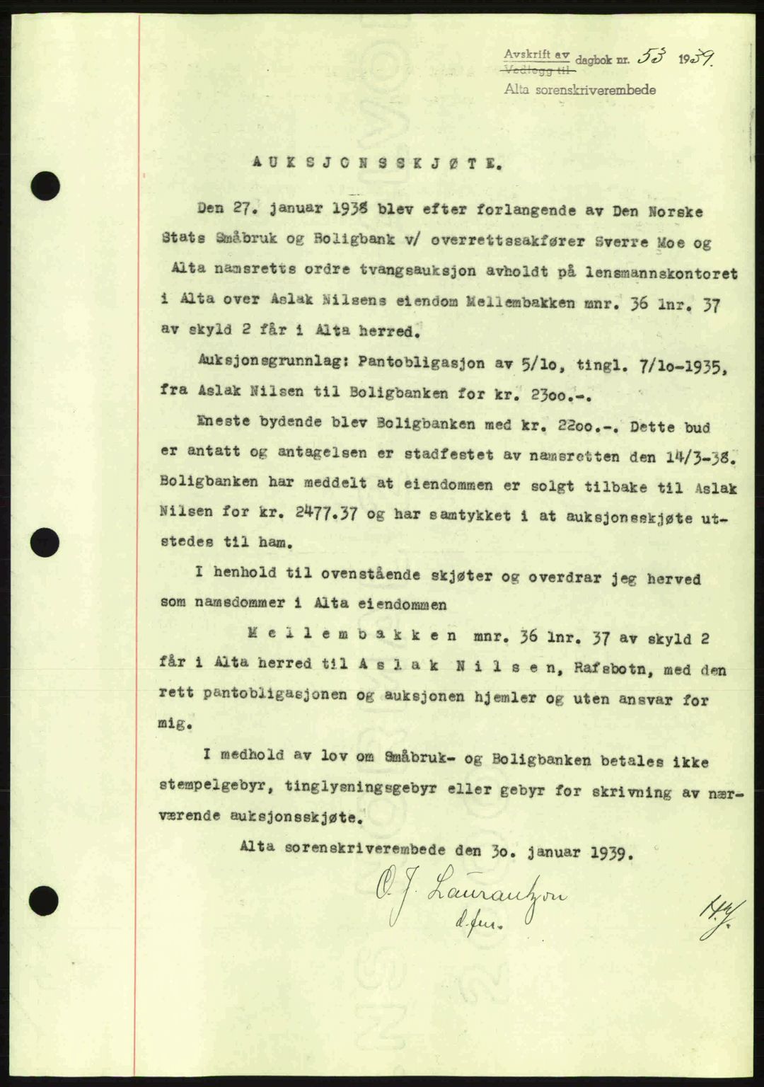 Alta fogderi/sorenskriveri, SATØ/SATØ-5/1/K/Kd/L0031pantebok: Mortgage book no. 31, 1938-1939, Diary no: : 53/1939