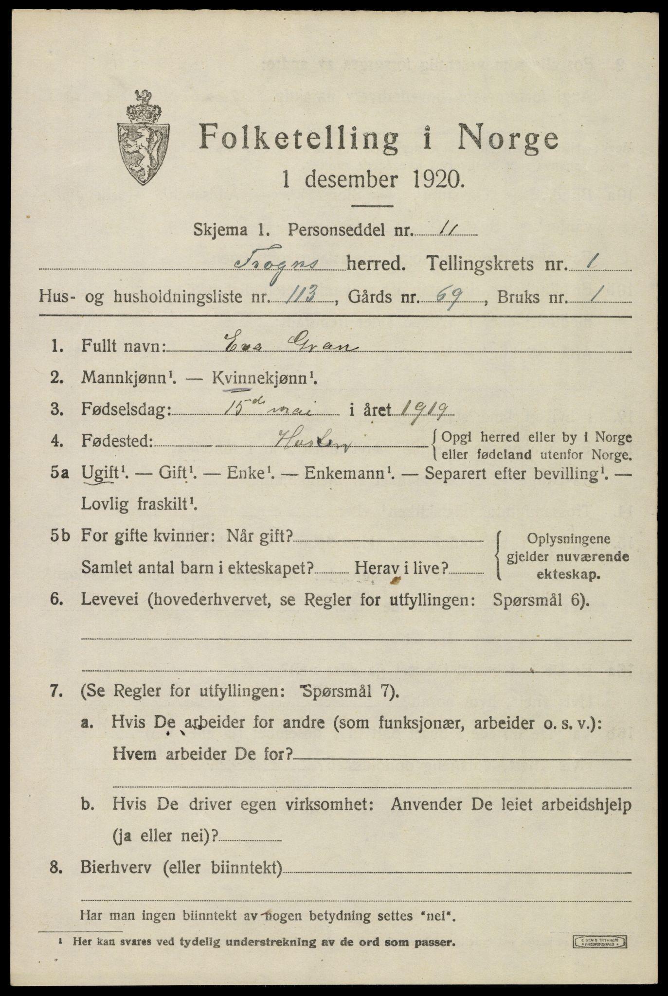 SAO, 1920 census for Frogn, 1920, p. 2525