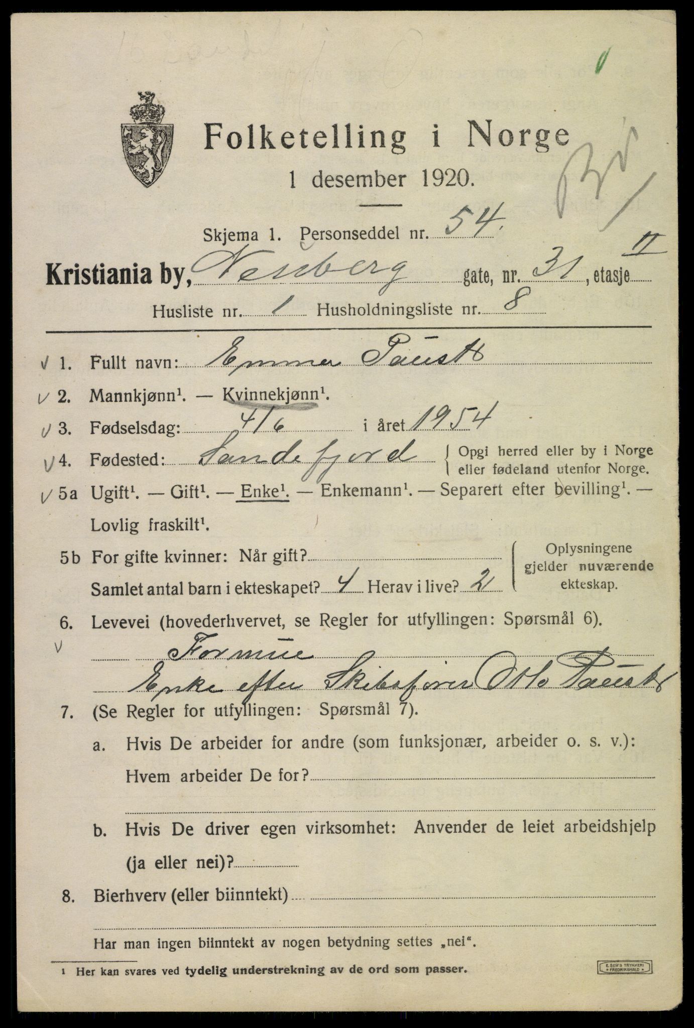 SAO, 1920 census for Kristiania, 1920, p. 413263