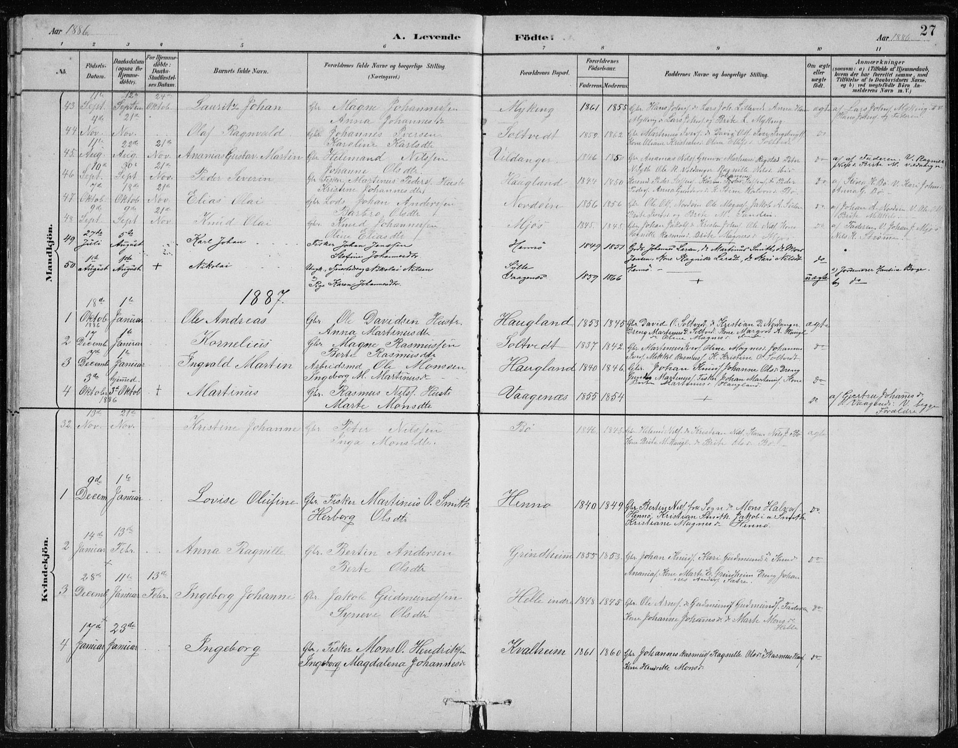 Manger sokneprestembete, SAB/A-76801/H/Hab: Parish register (copy) no. B 2, 1882-1890, p. 27