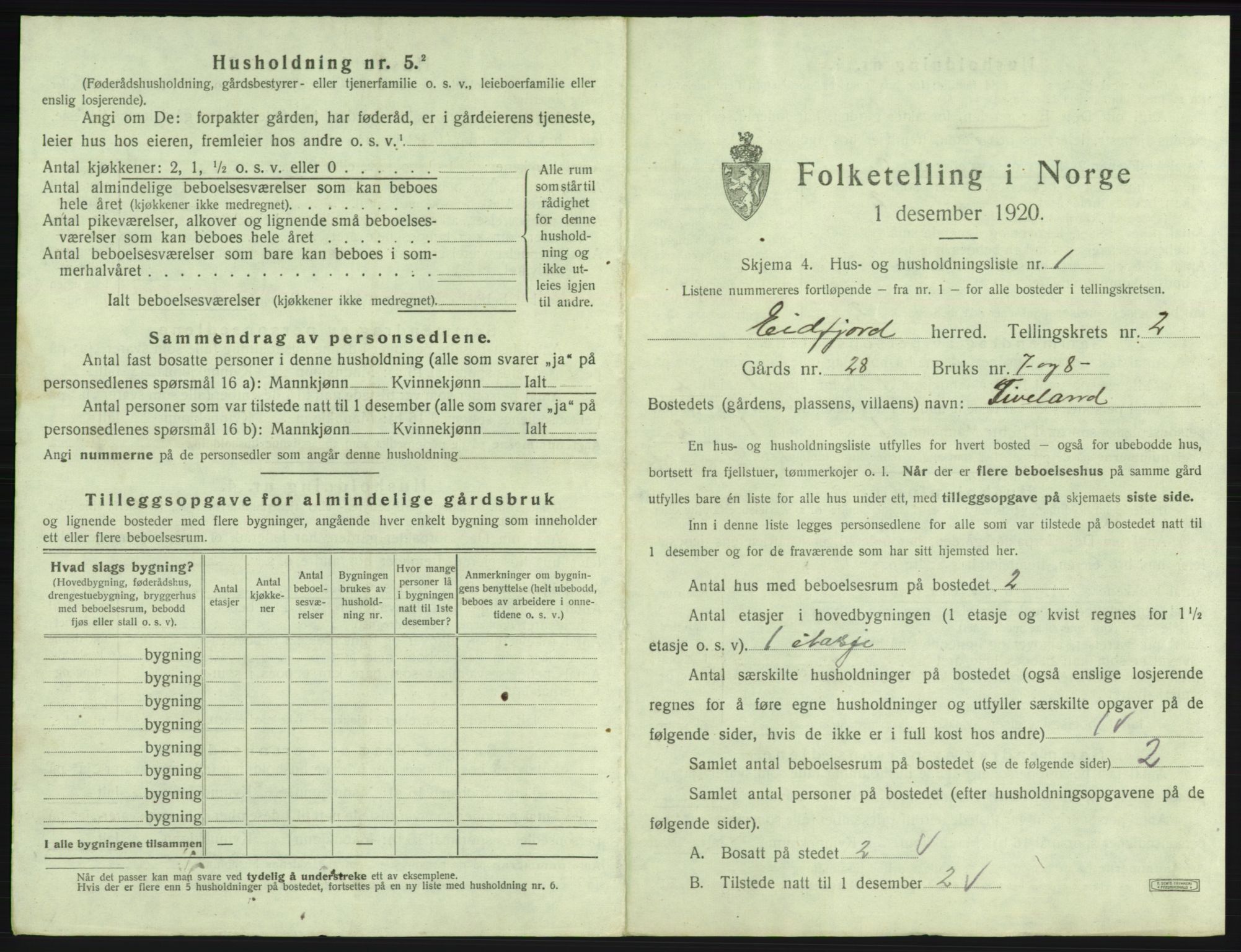 SAB, 1920 census for Eidfjord, 1920, p. 87