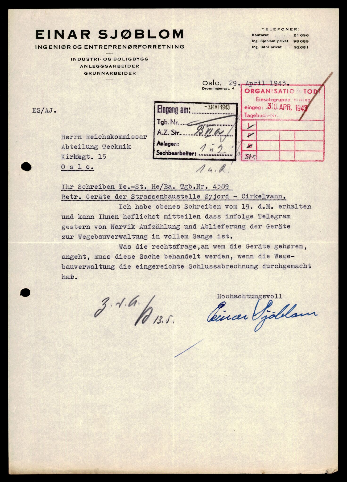Forsvarets Overkommando. 2 kontor. Arkiv 11.4. Spredte tyske arkivsaker, AV/RA-RAFA-7031/D/Dar/Darb/L0001: Reichskommissariat - Hauptabteilung Technik und Verkehr, 1940-1944, p. 584