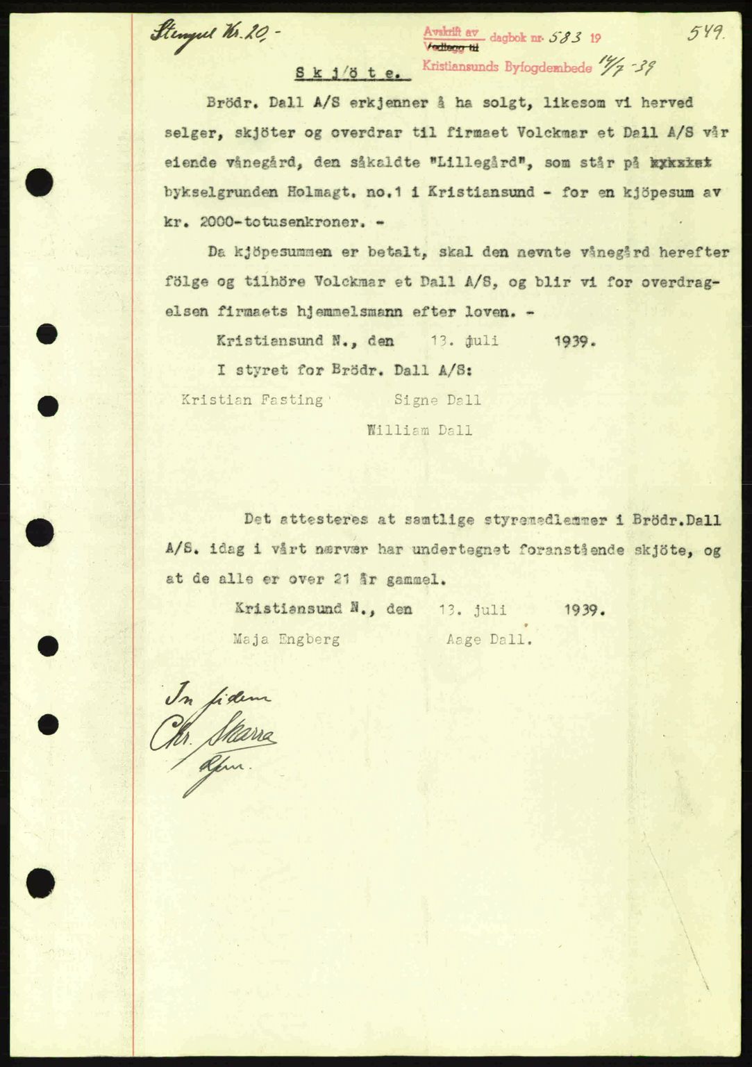 Kristiansund byfogd, AV/SAT-A-4587/A/27: Mortgage book no. 30, 1936-1941, Diary no: : 583/1939