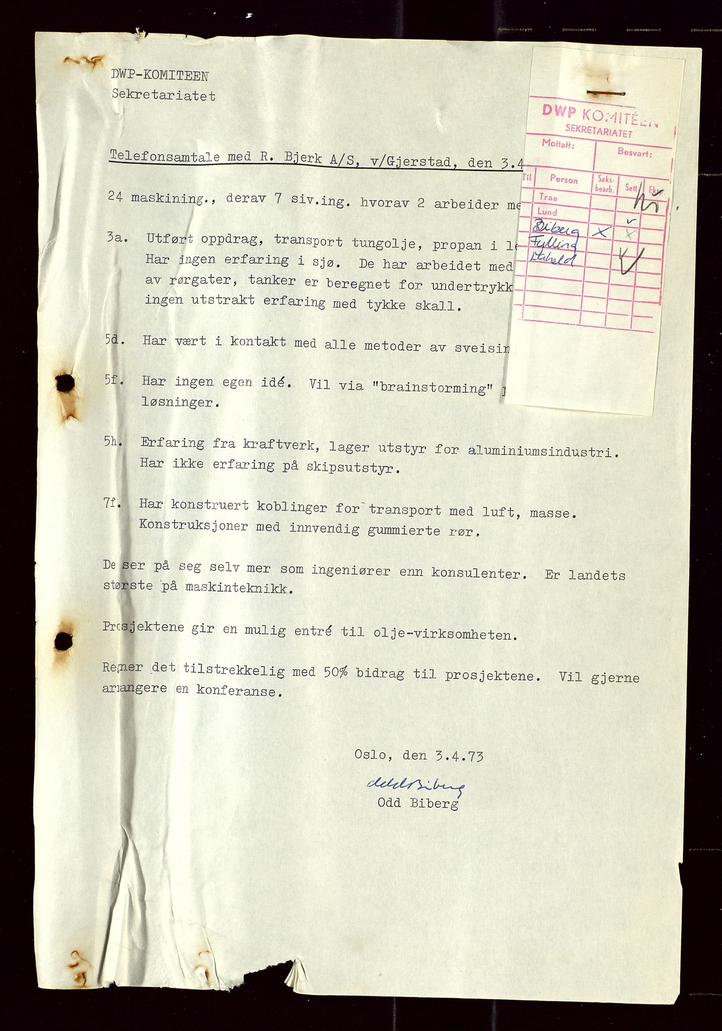 Industridepartementet, Oljekontoret, AV/SAST-A-101348/Di/L0005: DWP, 761 forskning/teknologi, 2 prot. DWP feasibility study, 1972-1975, p. 205