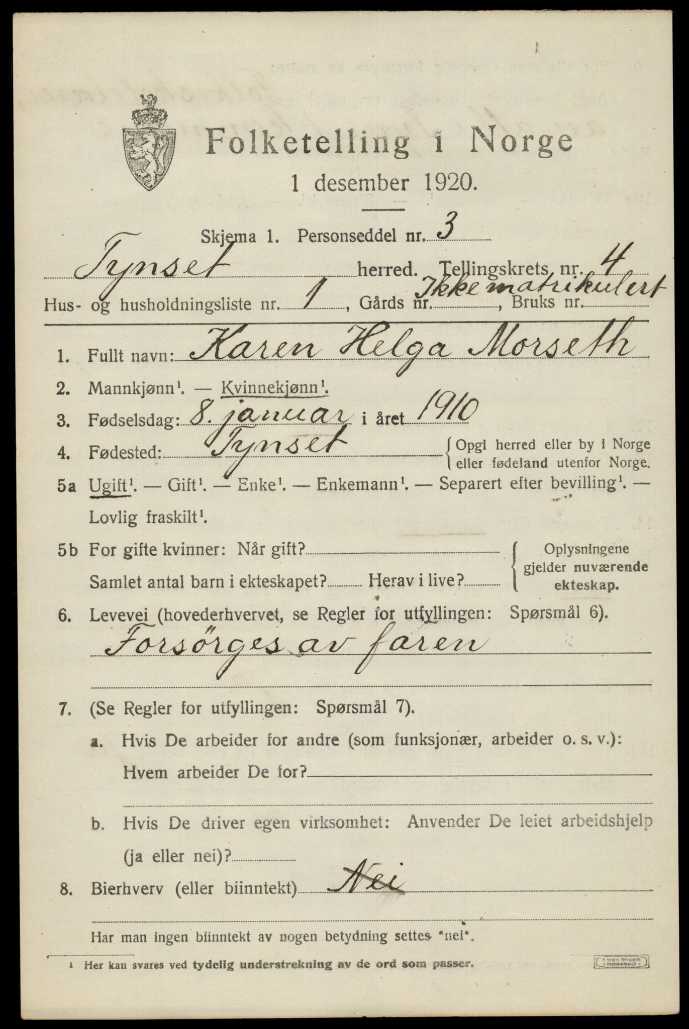 SAH, 1920 census for Tynset, 1920, p. 3180