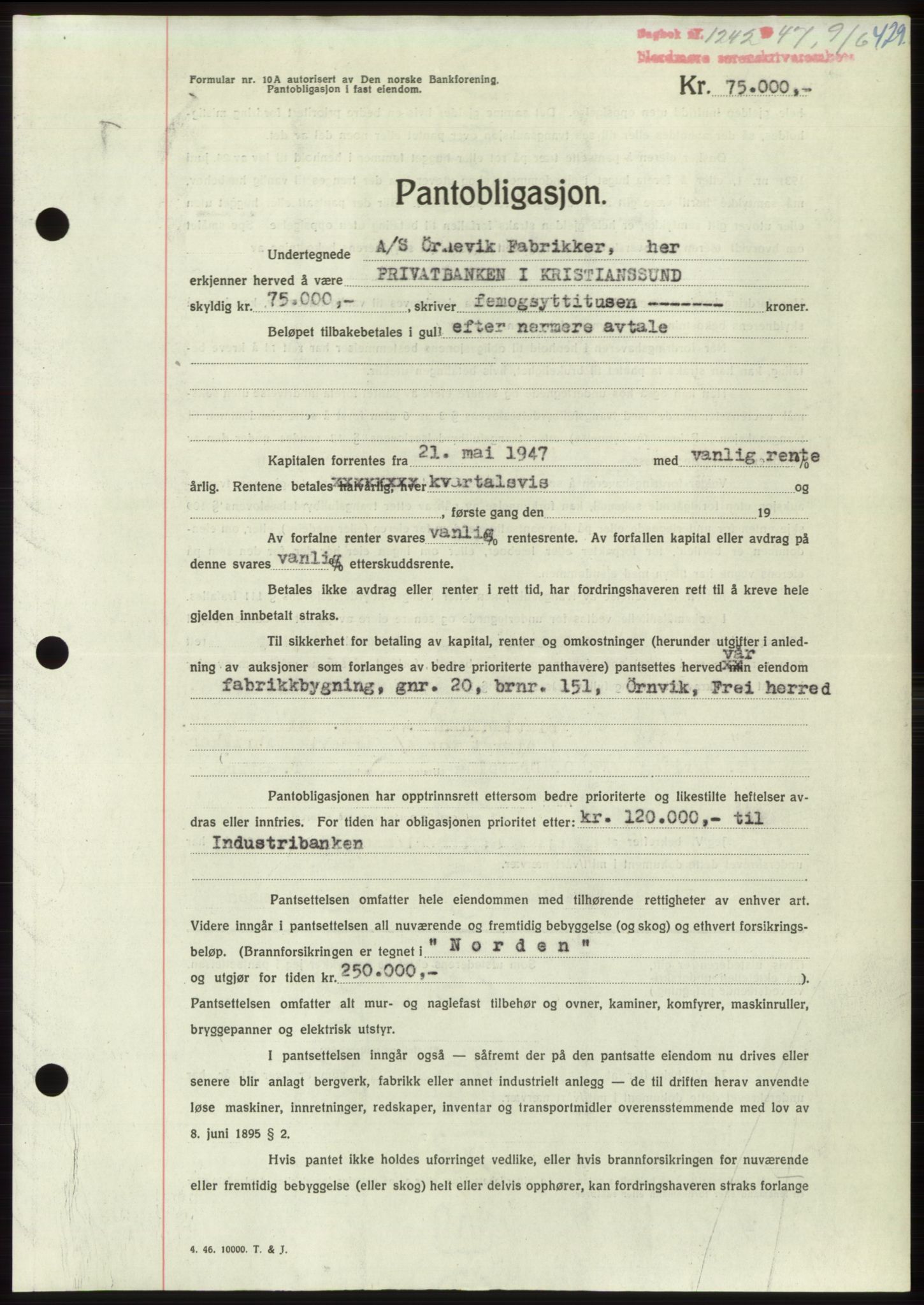 Nordmøre sorenskriveri, AV/SAT-A-4132/1/2/2Ca: Mortgage book no. B96, 1947-1947, Diary no: : 1242/1947