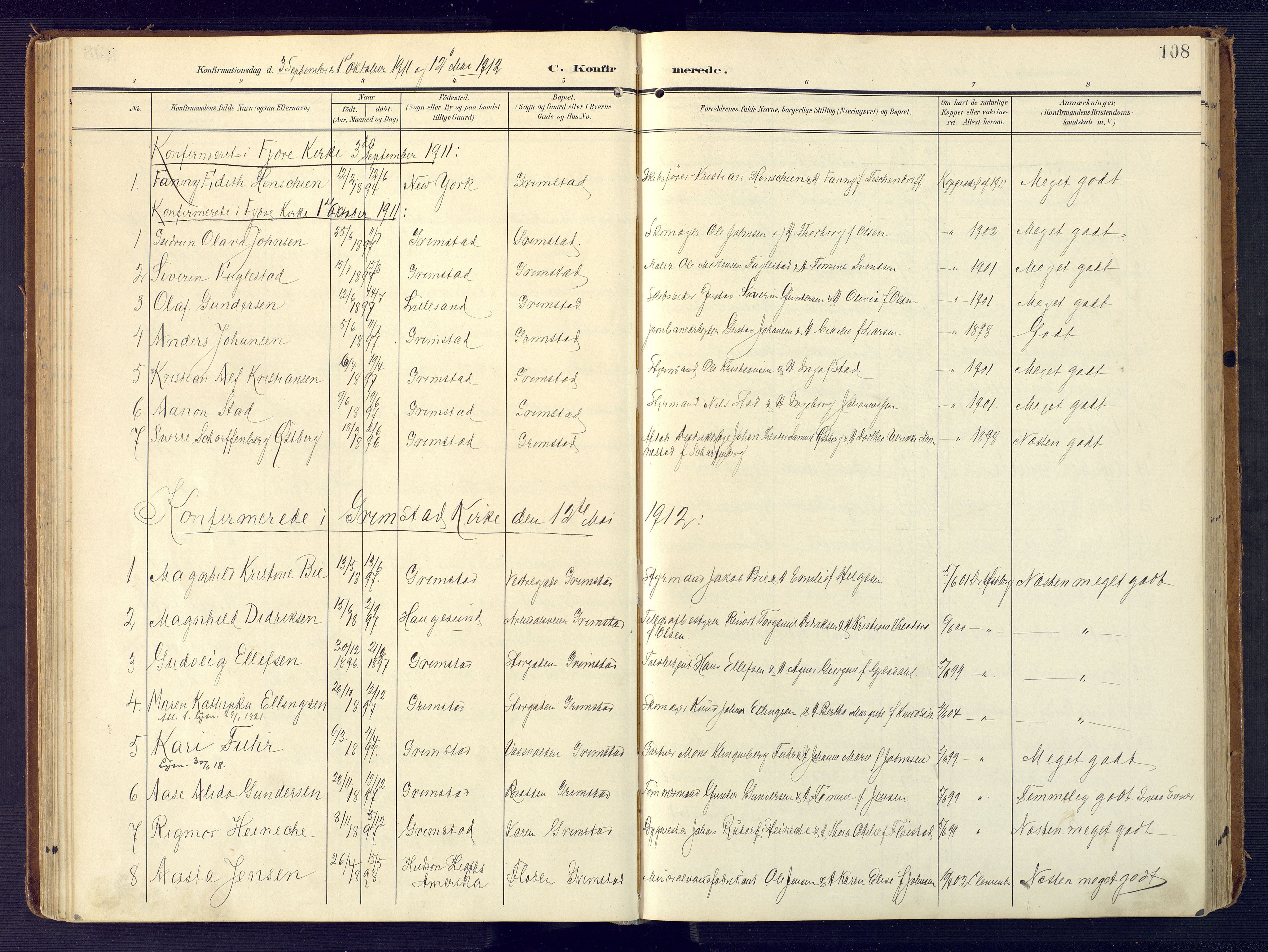 Grimstad sokneprestkontor, SAK/1111-0017/F/Fa/L0005: Parish register (official) no. A 4, 1911-1924, p. 108