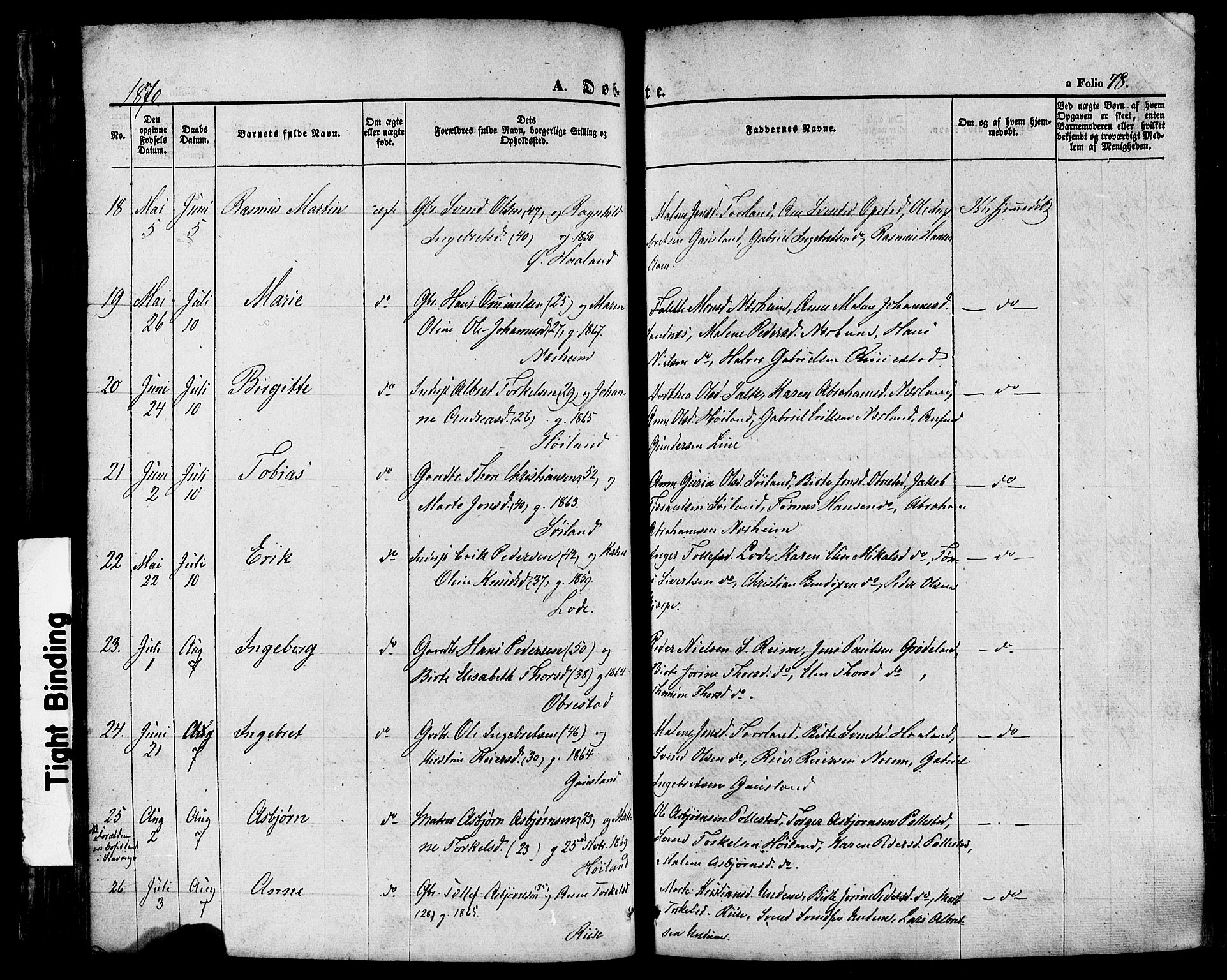 Hå sokneprestkontor, AV/SAST-A-101801/001/30BA/L0008: Parish register (official) no. A 7, 1853-1878, p. 78