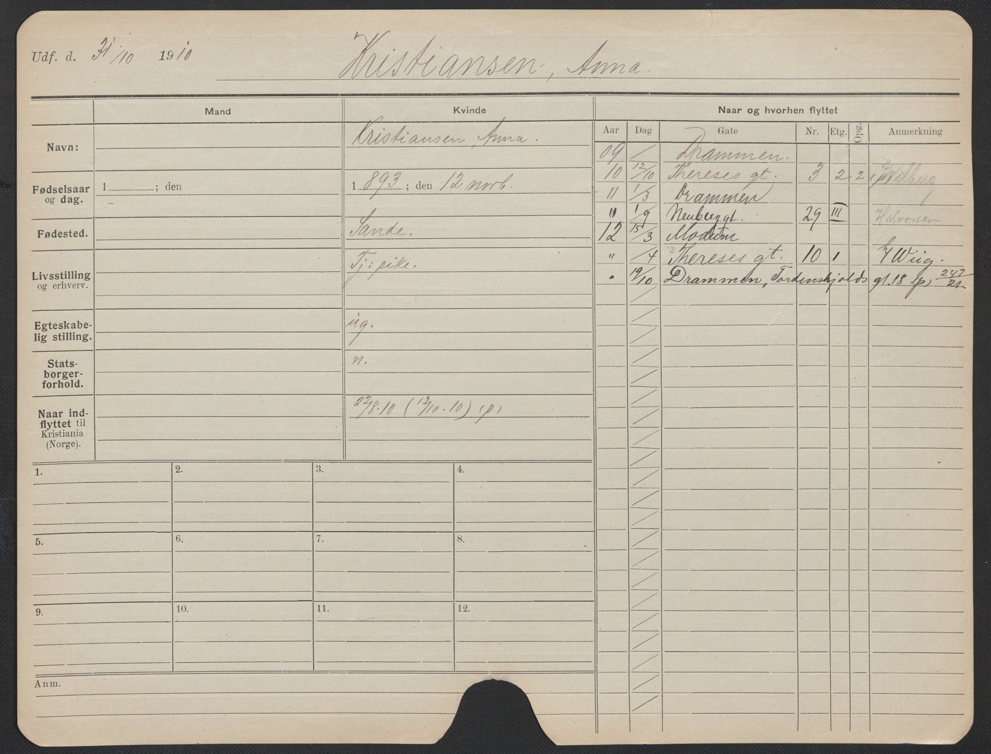 Oslo folkeregister, Registerkort, AV/SAO-A-11715/F/Fa/Fac/L0019: Kvinner, 1906-1914, p. 224a