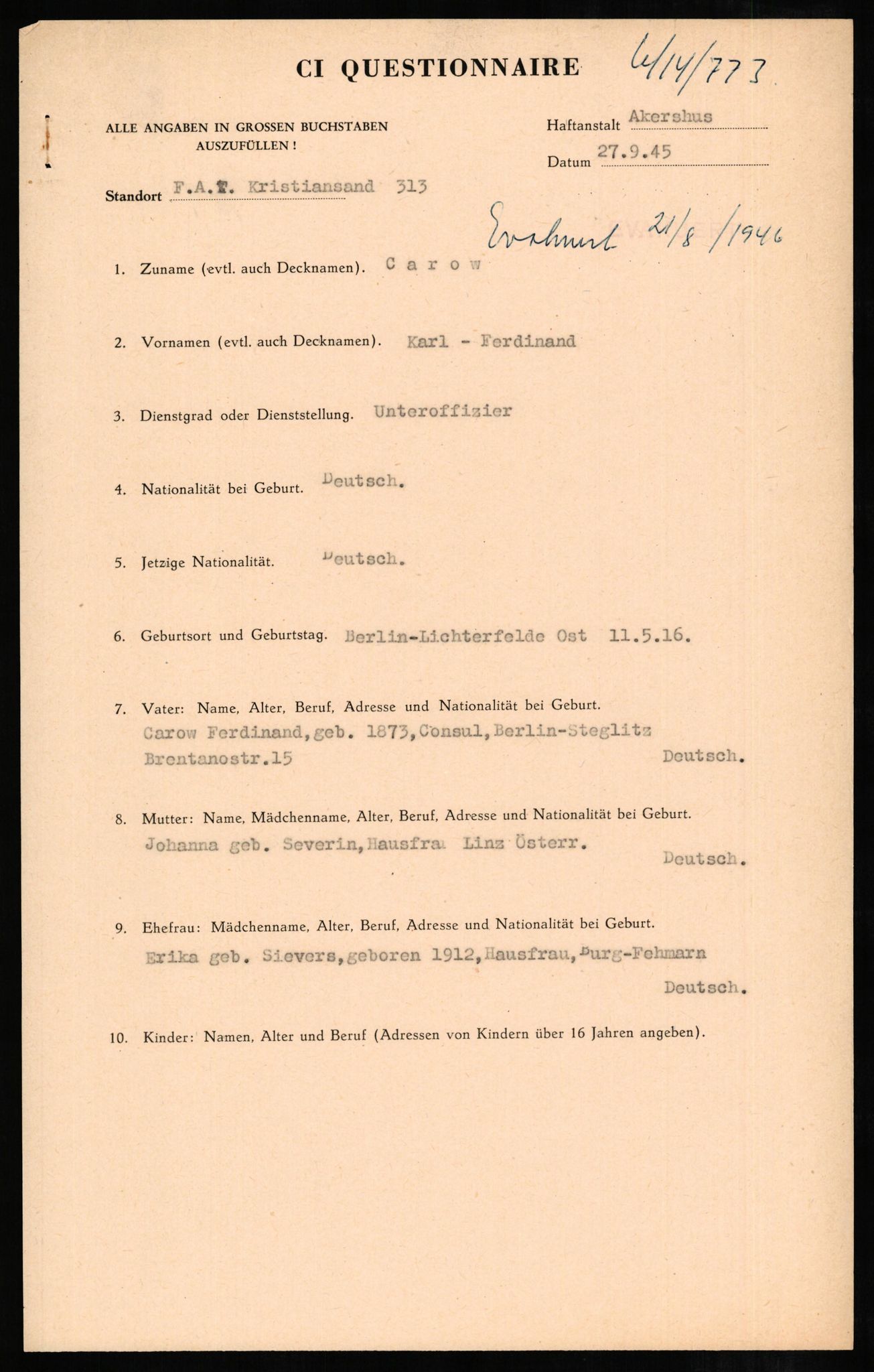 Forsvaret, Forsvarets overkommando II, AV/RA-RAFA-3915/D/Db/L0005: CI Questionaires. Tyske okkupasjonsstyrker i Norge. Tyskere., 1945-1946, p. 193