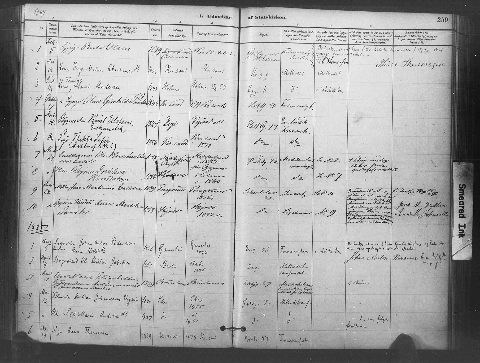 Kristiansand domprosti, AV/SAK-1112-0006/F/Fa/L0018: Parish register (official) no. A 17, 1880-1892, p. 259