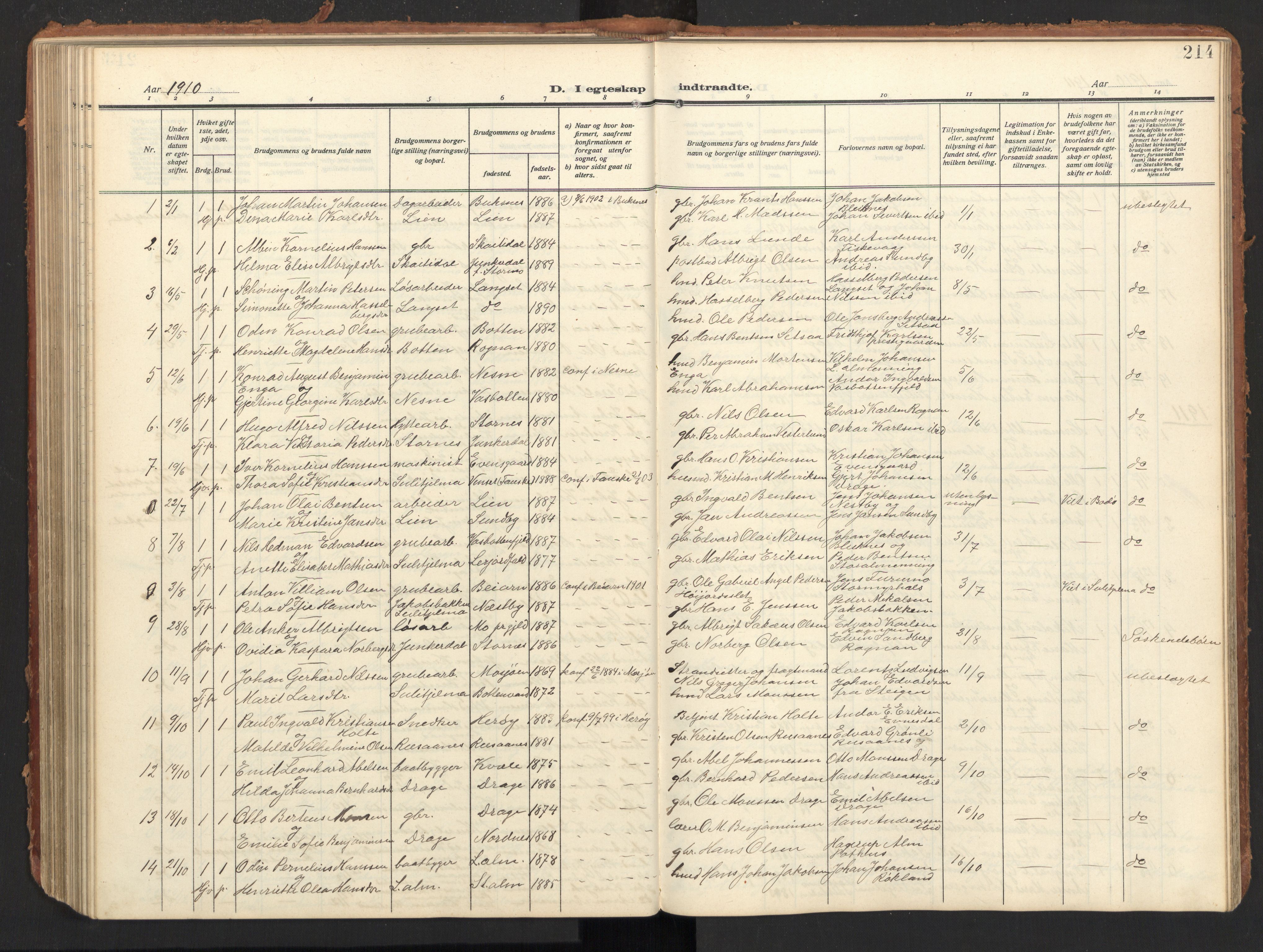 Ministerialprotokoller, klokkerbøker og fødselsregistre - Nordland, SAT/A-1459/847/L0683: Parish register (copy) no. 847C11, 1908-1929, p. 214