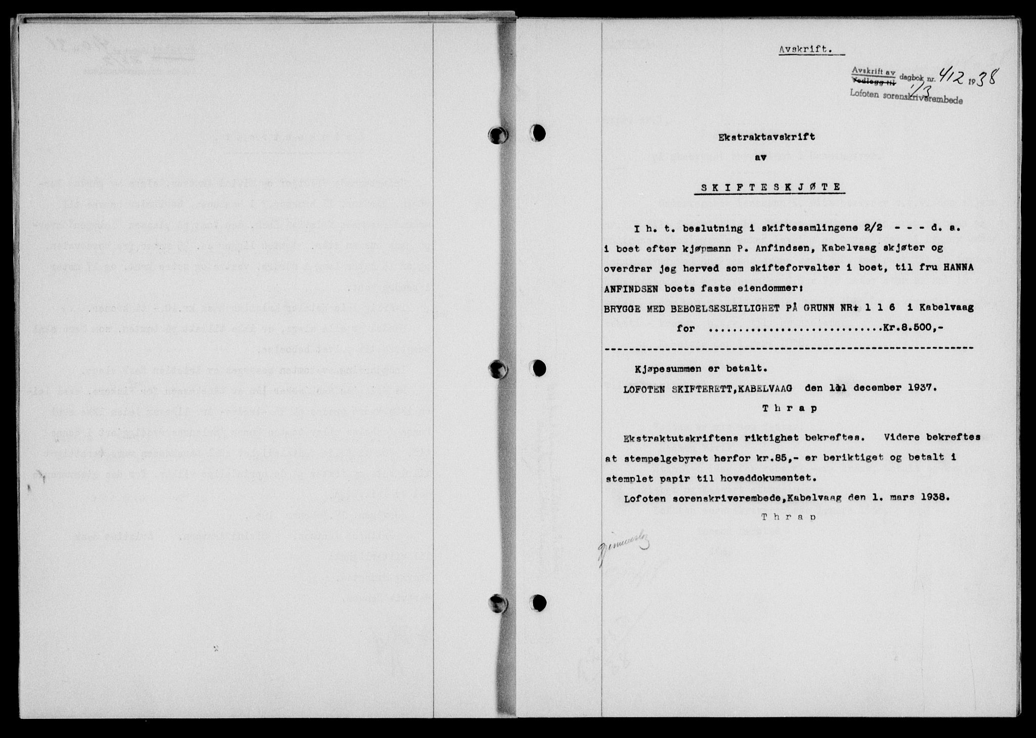 Lofoten sorenskriveri, SAT/A-0017/1/2/2C/L0003a: Mortgage book no. 3a, 1937-1938, Diary no: : 412/1938