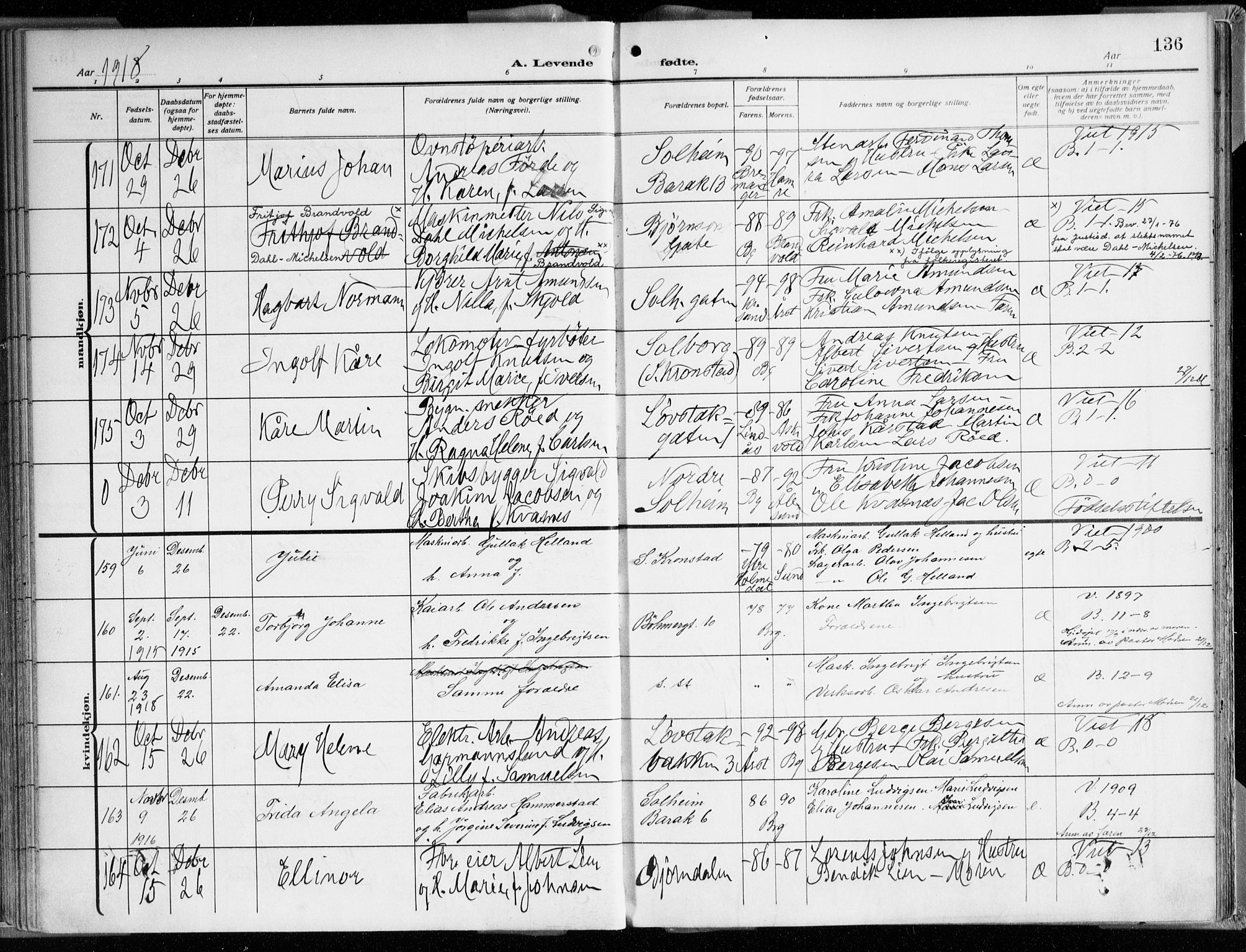 Årstad Sokneprestembete, SAB/A-79301/H/Haa/L0003: Parish register (official) no. A 3, 1914-1919, p. 136