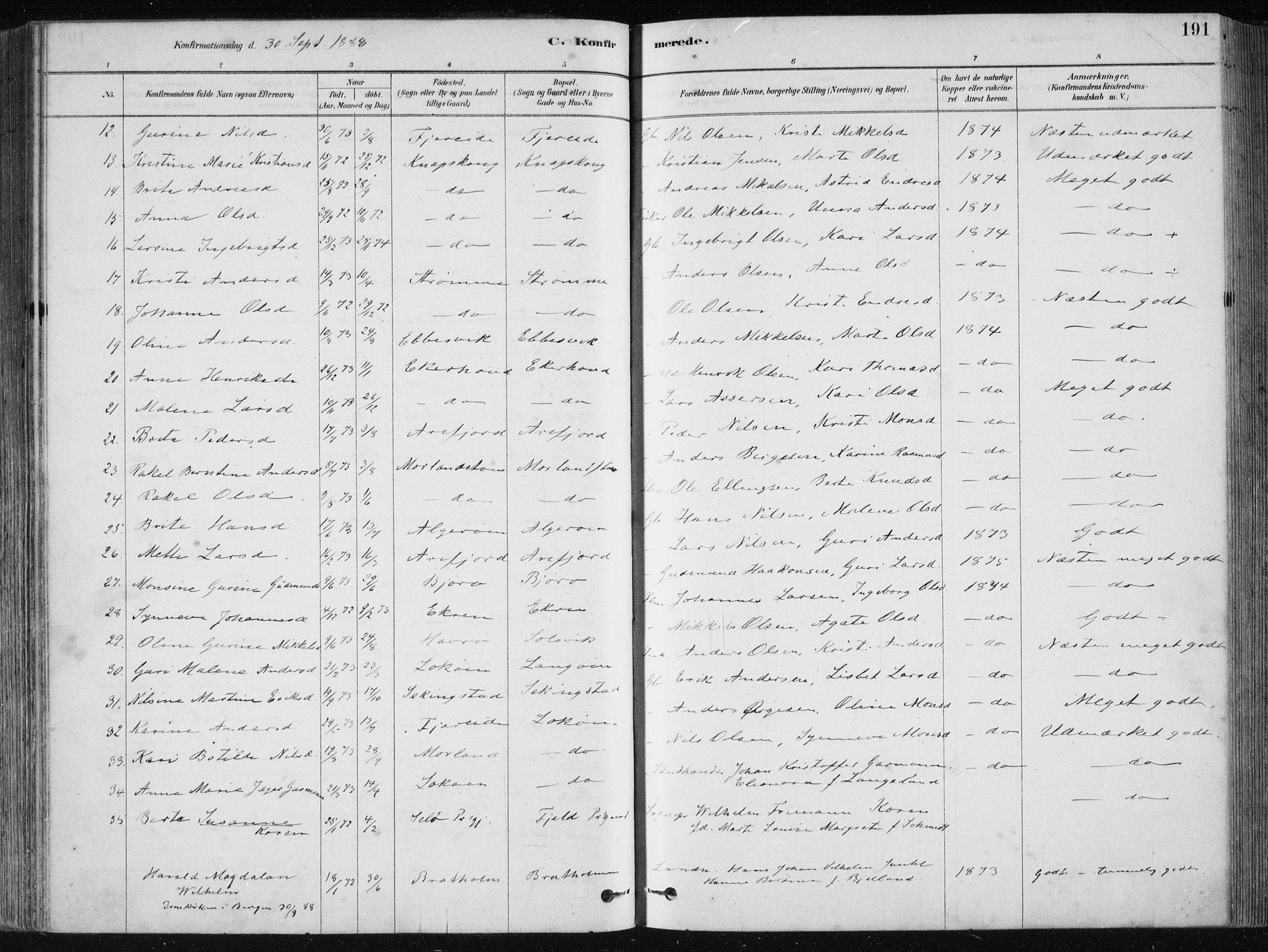 Fjell sokneprestembete, AV/SAB-A-75301/H/Haa: Parish register (official) no. A  8, 1878-1898, p. 191