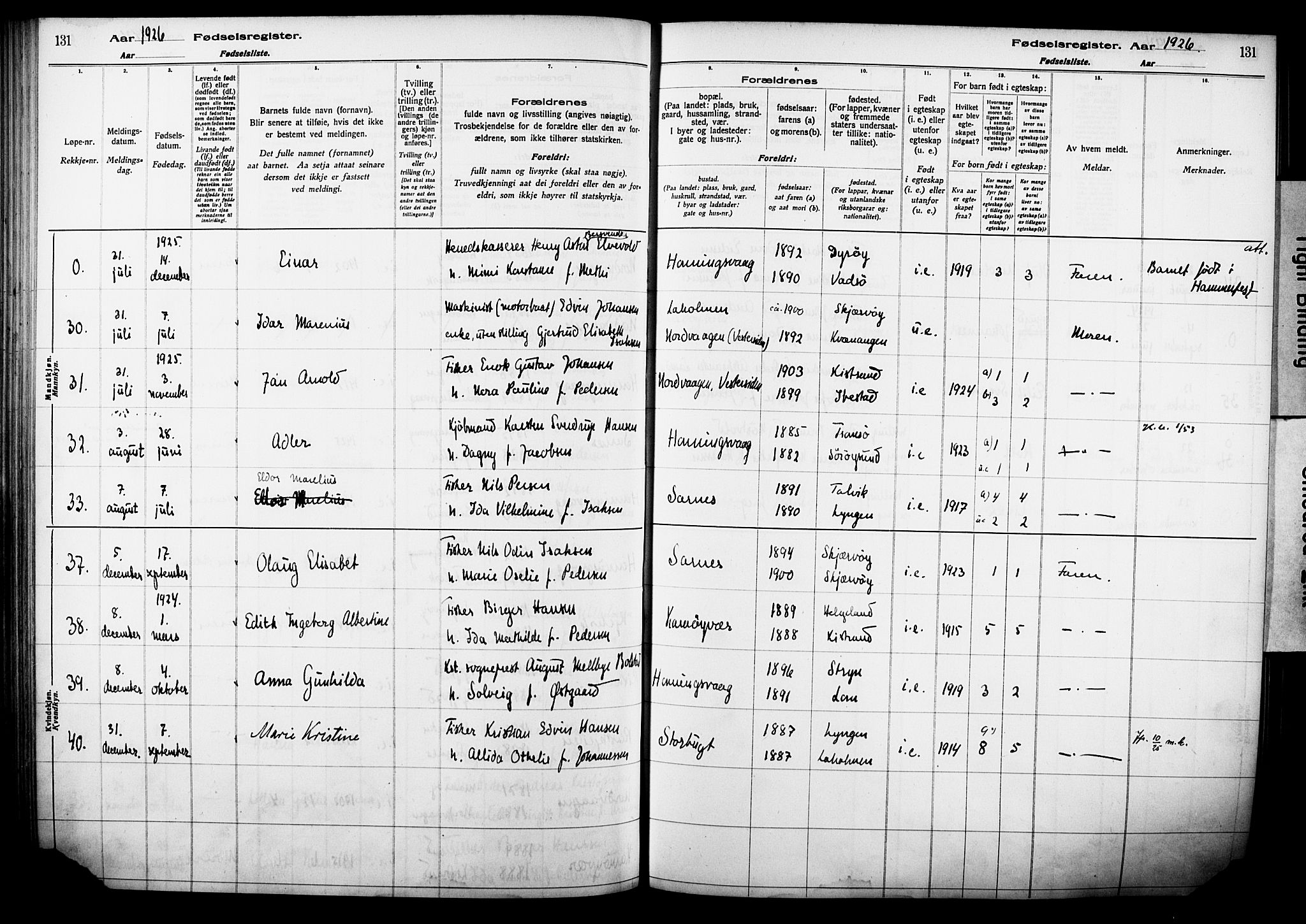 Kjelvik/Nordkapp sokneprestkontor, AV/SATØ-S-1350/I/Ia/L0015: Birth register no. 15, 1916-1930, p. 131