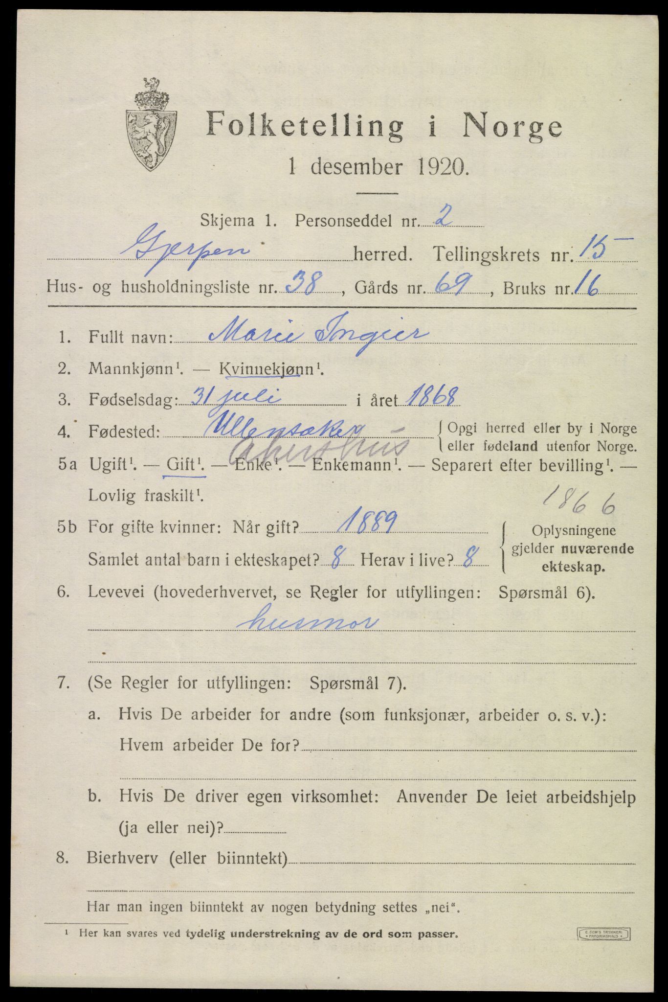 SAKO, 1920 census for Gjerpen, 1920, p. 17698