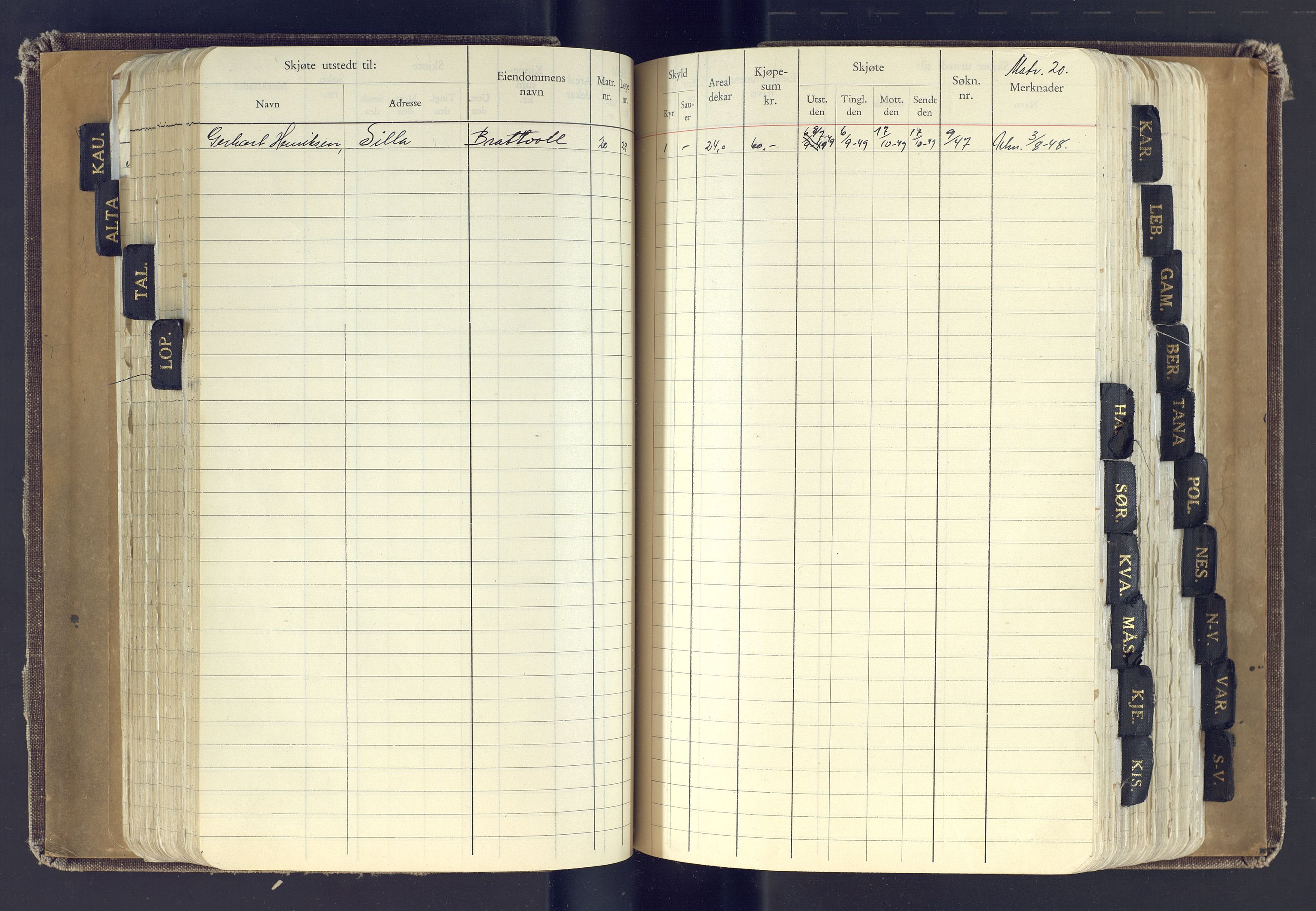 Finnmark jordsalgskommisjon/jordsalgskontor og Statskog SF Finnmark jordsalgskontor, AV/SATØ-S-1443/J/Jc/L0001: Skjøtebok, 1932-1983