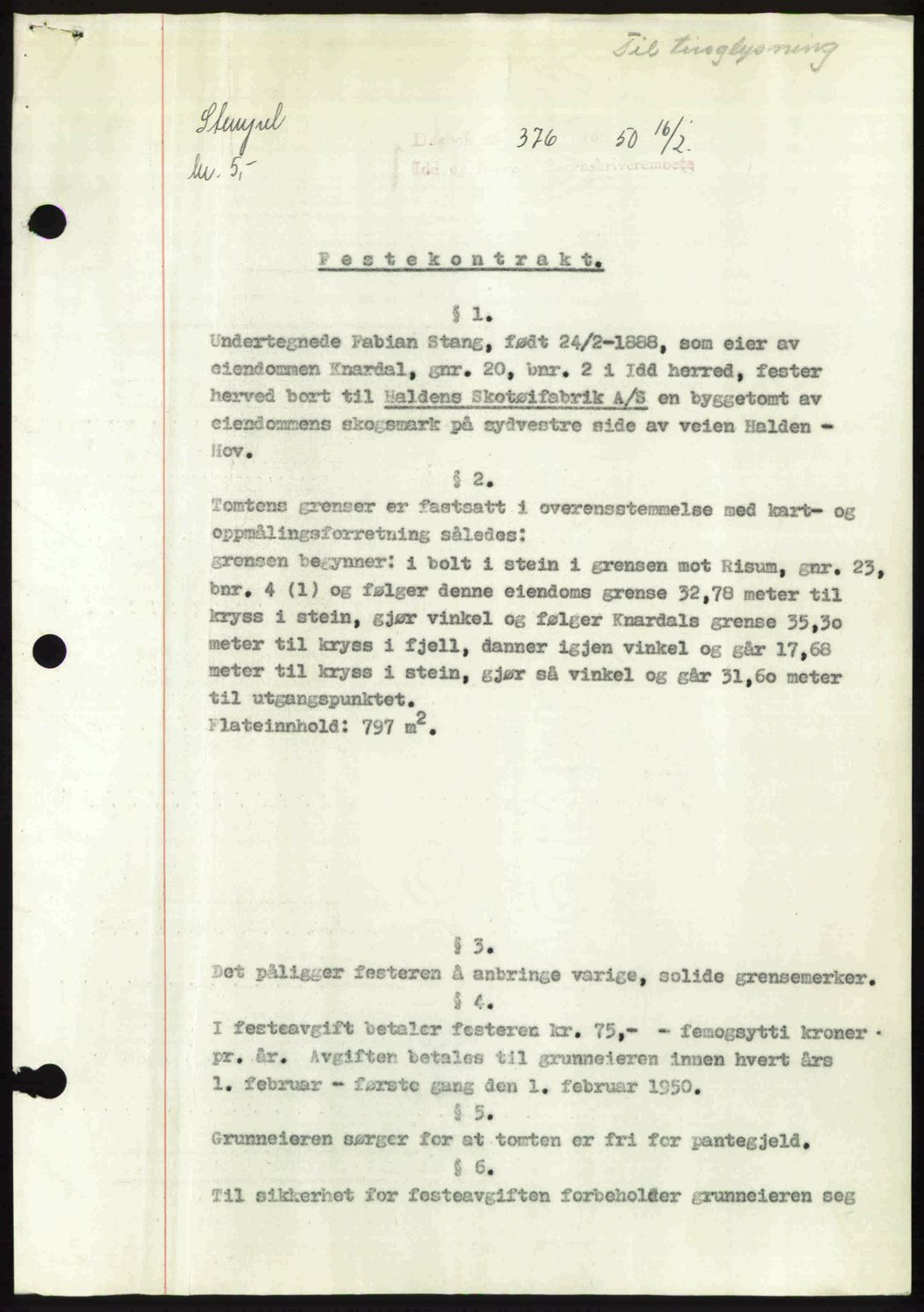 Idd og Marker sorenskriveri, AV/SAO-A-10283/G/Gb/Gbb/L0014: Mortgage book no. A14, 1950-1950, Diary no: : 376/1950