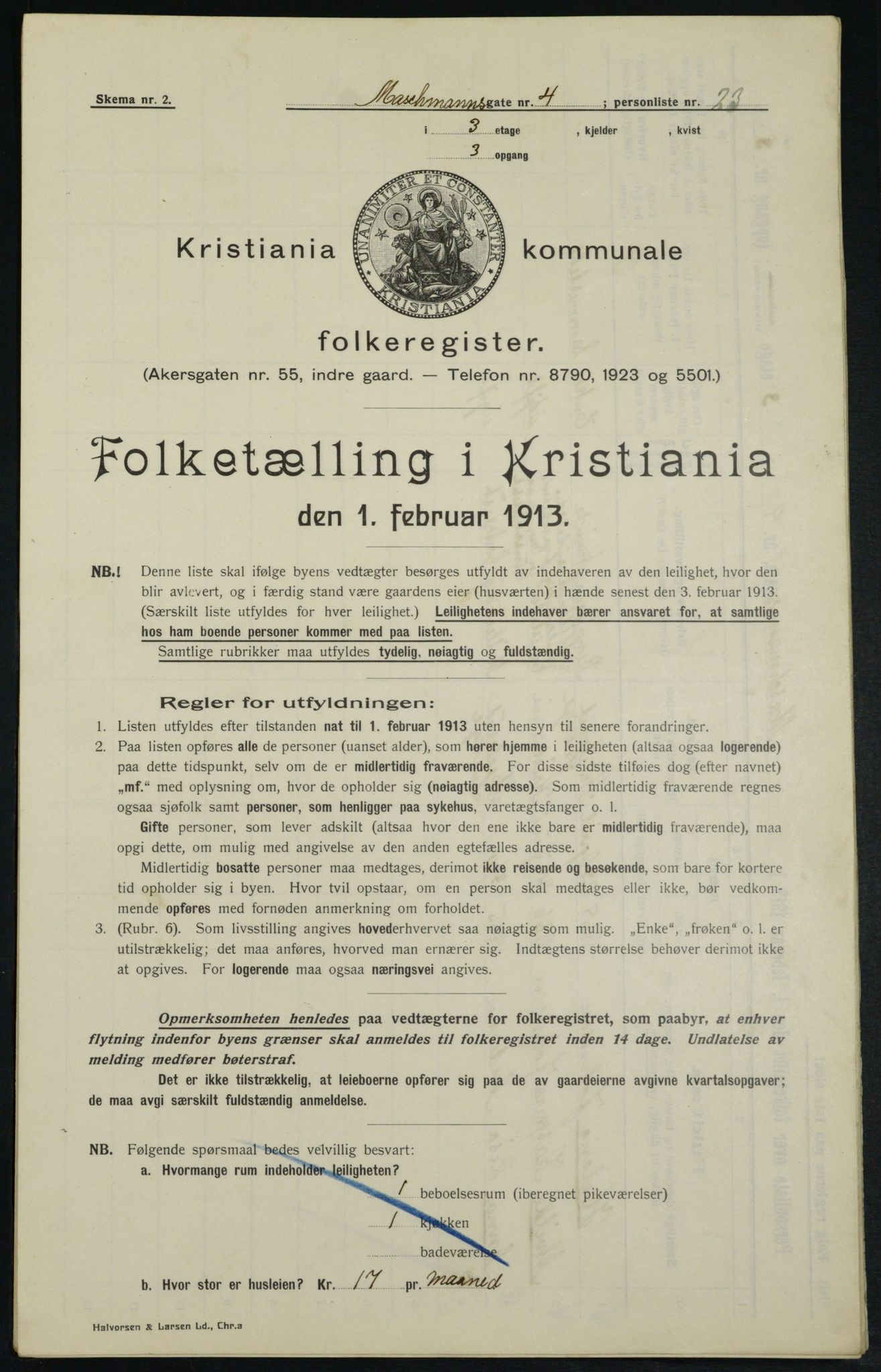 OBA, Municipal Census 1913 for Kristiania, 1913, p. 64596