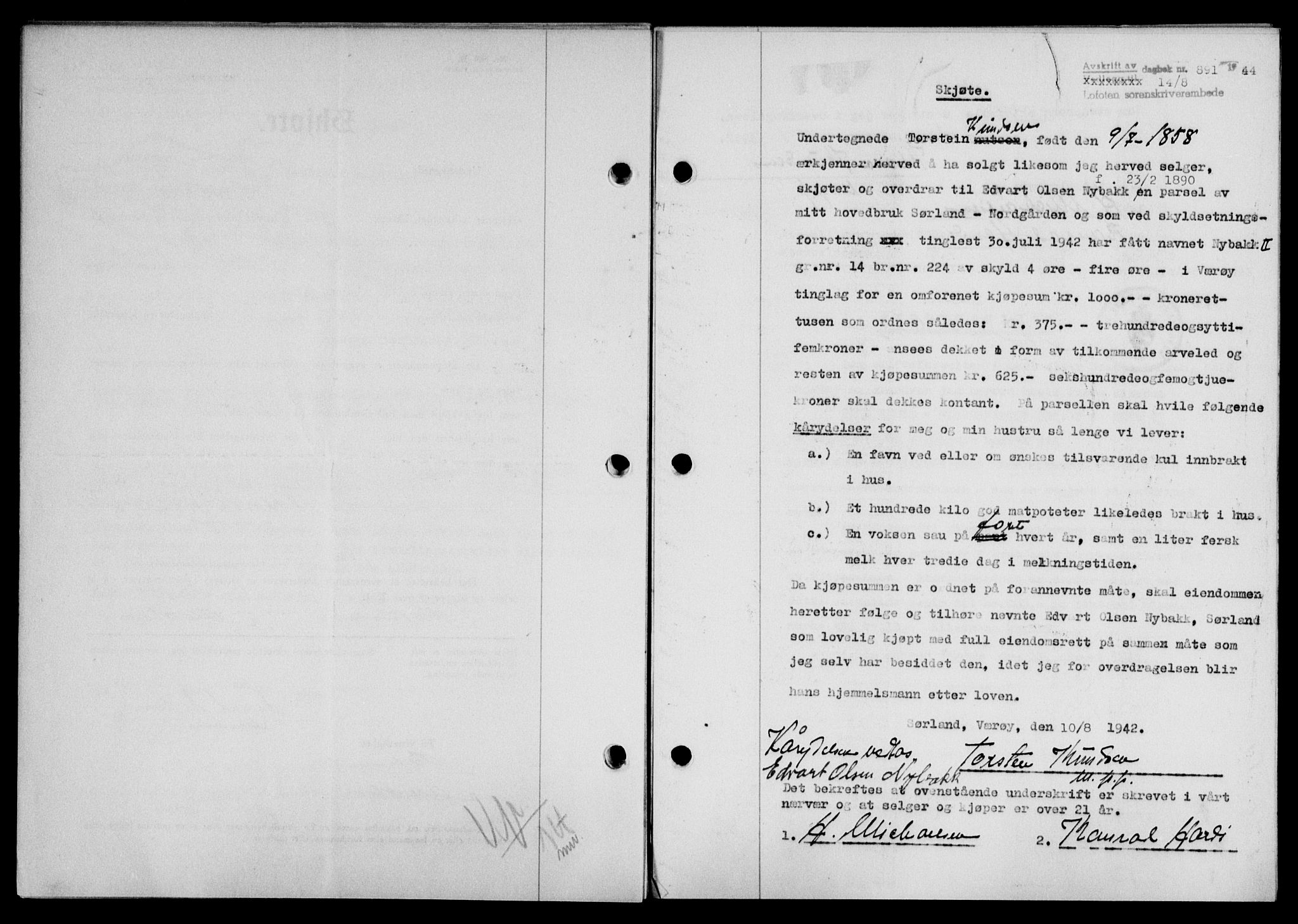 Lofoten sorenskriveri, SAT/A-0017/1/2/2C/L0012a: Mortgage book no. 12a, 1943-1944, Diary no: : 891/1944