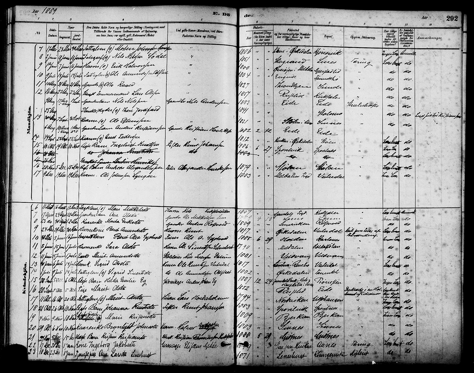 Ministerialprotokoller, klokkerbøker og fødselsregistre - Sør-Trøndelag, AV/SAT-A-1456/630/L0496: Parish register (official) no. 630A09, 1879-1895, p. 292