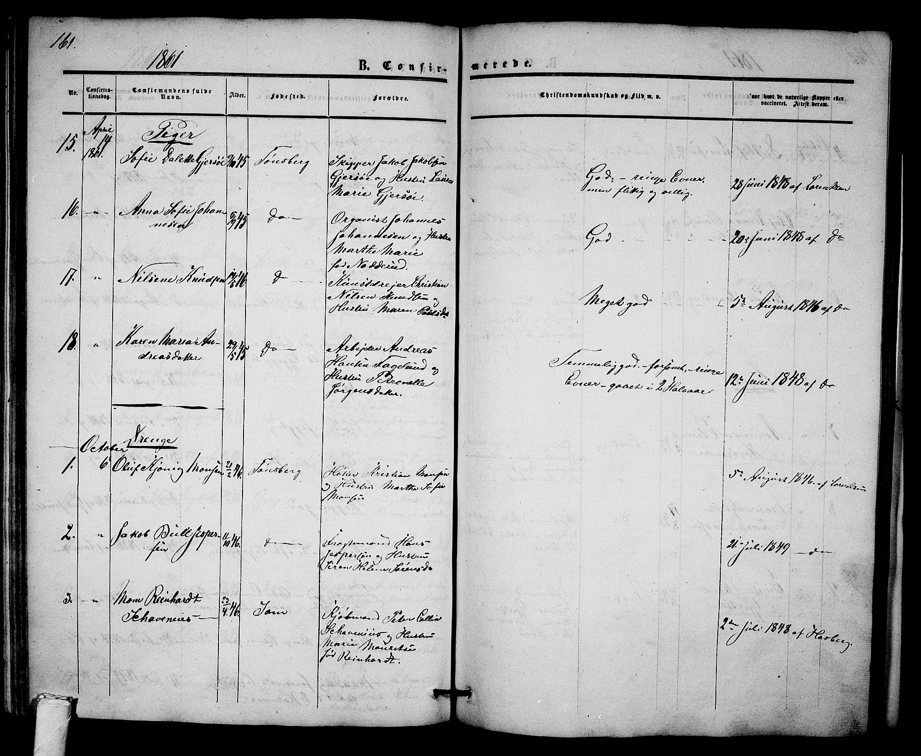 Tønsberg kirkebøker, SAKO/A-330/G/Ga/L0003: Parish register (copy) no. 3, 1855-1864, p. 161