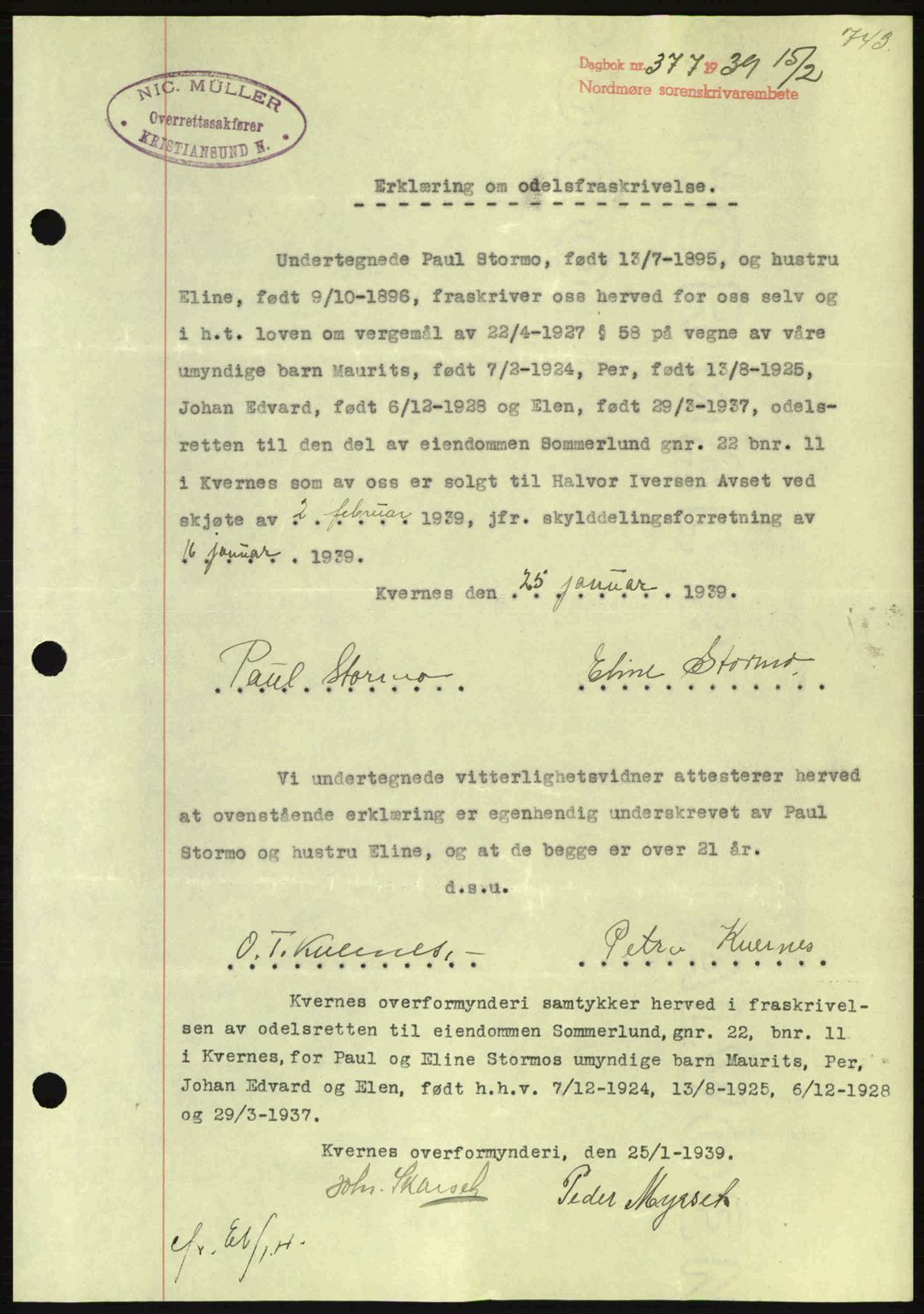 Nordmøre sorenskriveri, SAT/A-4132/1/2/2Ca: Mortgage book no. B84, 1938-1939, Diary no: : 377/1939