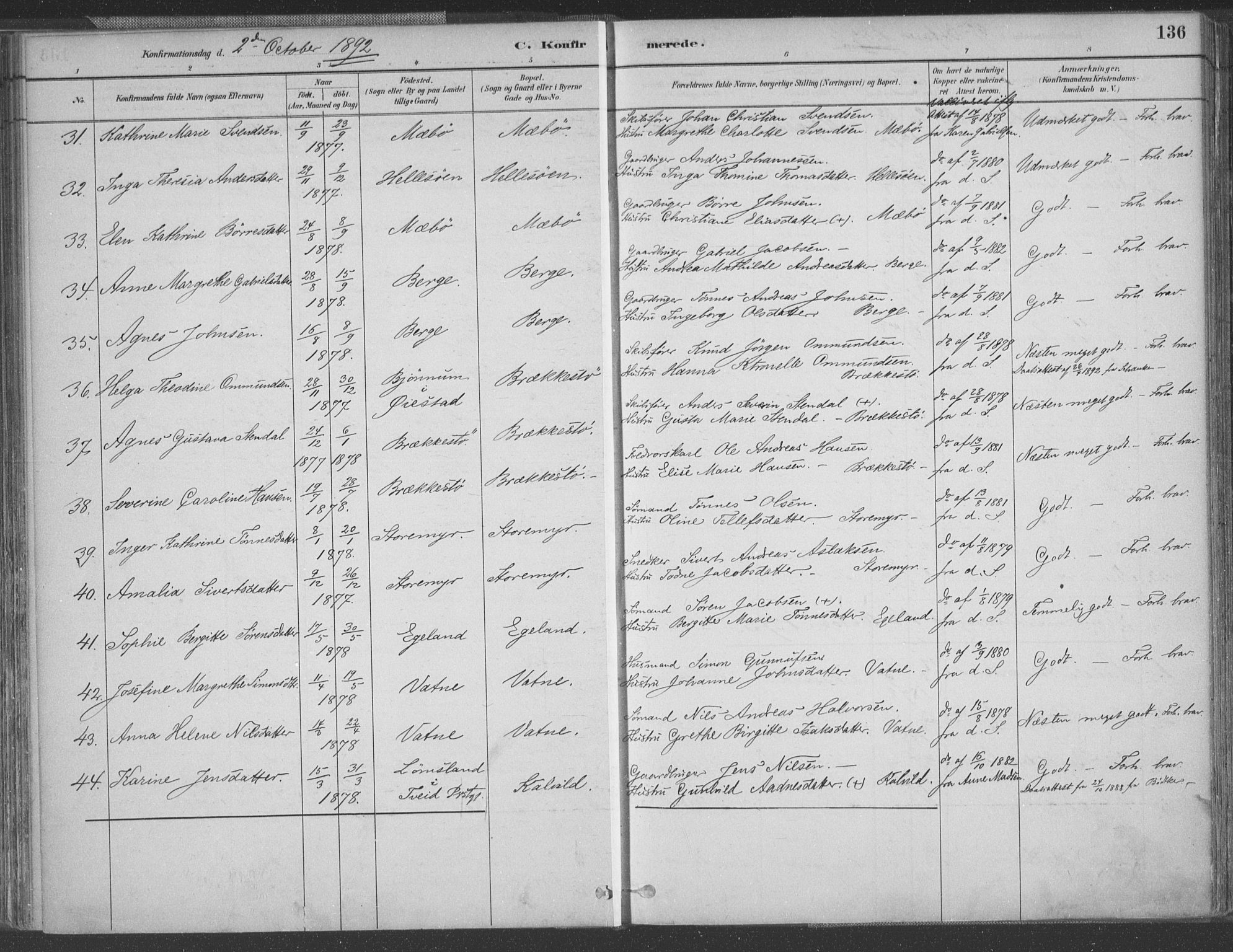 Vestre Moland sokneprestkontor, AV/SAK-1111-0046/F/Fa/Fab/L0009: Parish register (official) no. A 9, 1884-1899, p. 136