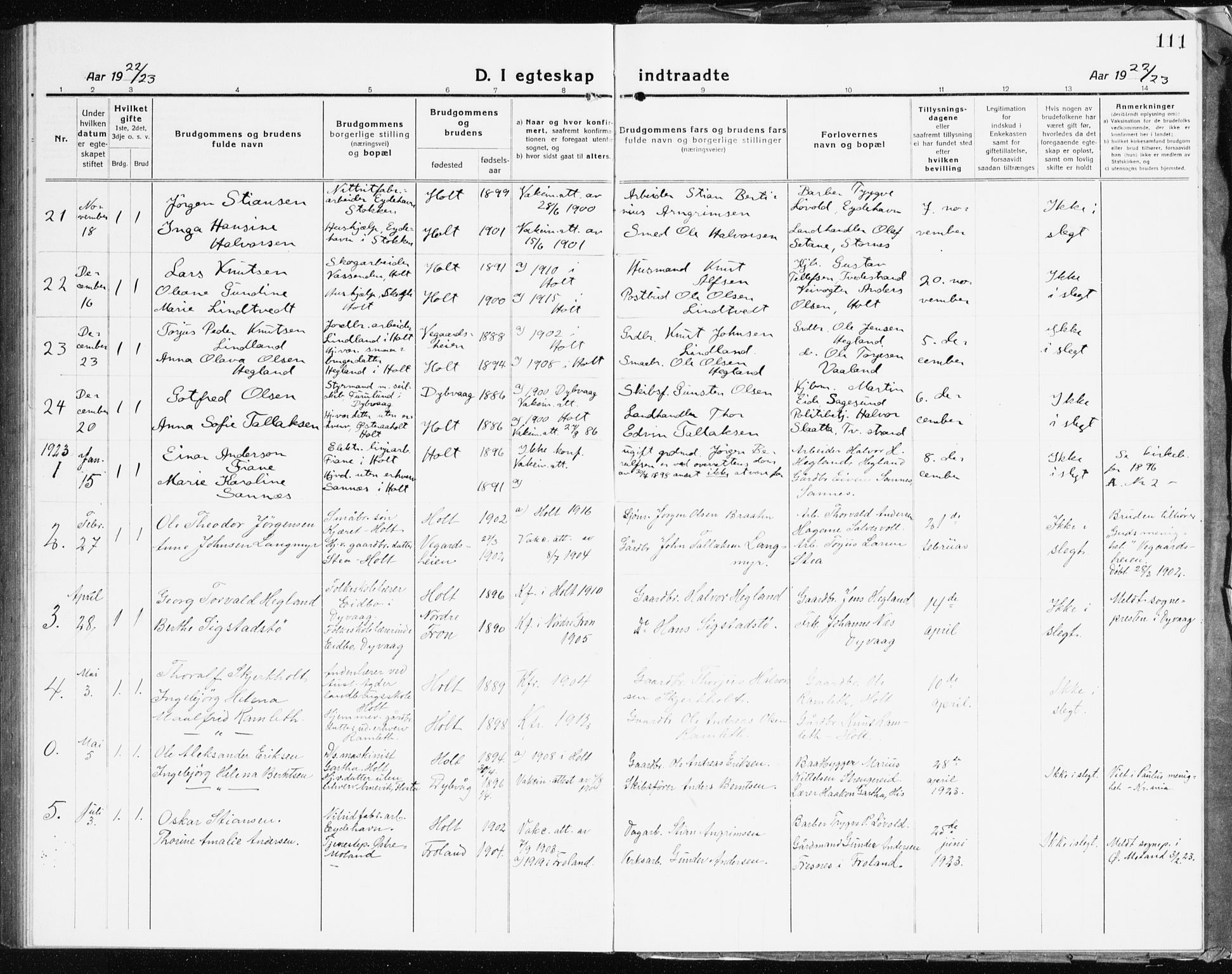 Holt sokneprestkontor, AV/SAK-1111-0021/F/Fb/L0012: Parish register (copy) no. B 12, 1919-1944, p. 111