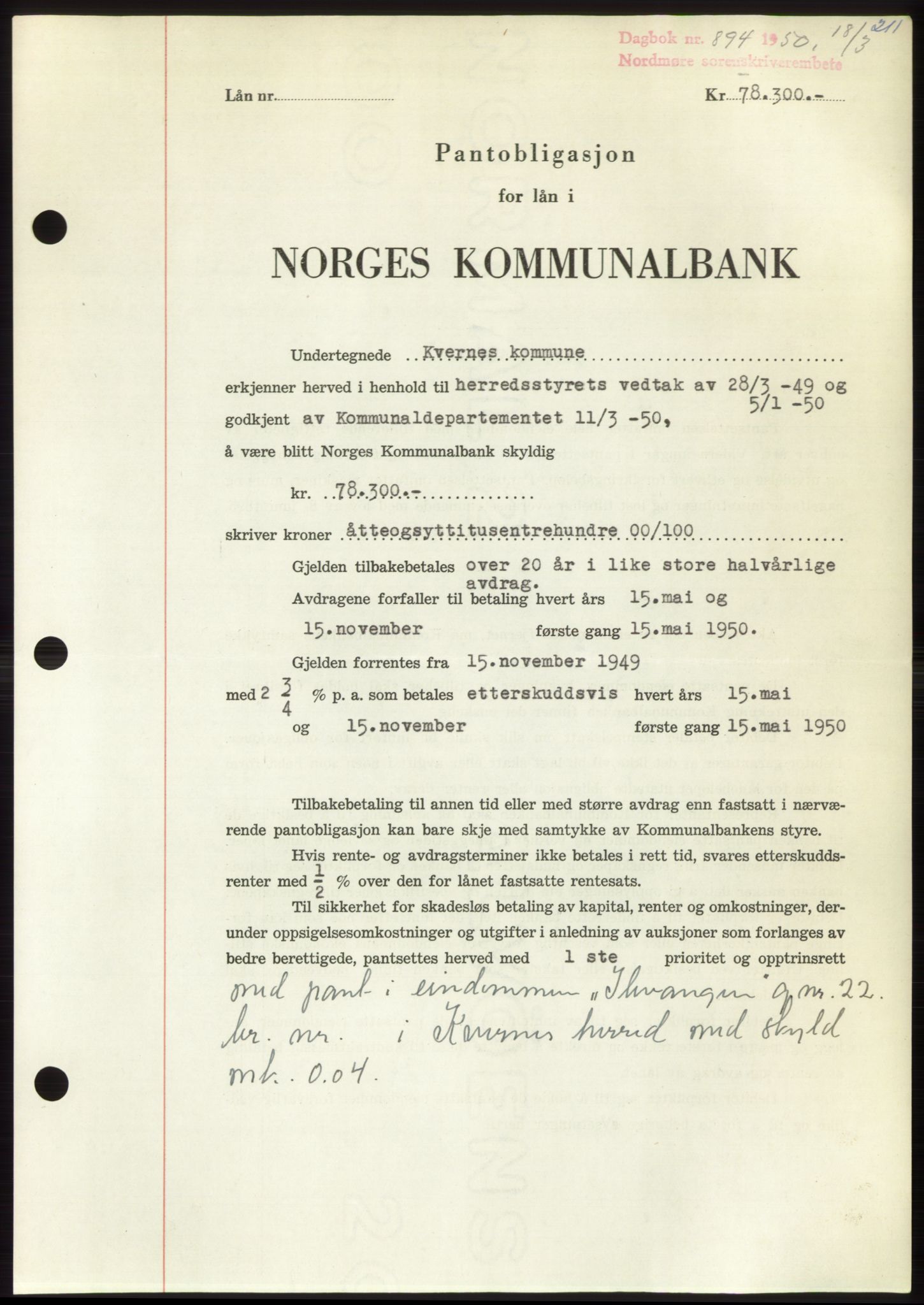 Nordmøre sorenskriveri, AV/SAT-A-4132/1/2/2Ca: Mortgage book no. B104, 1950-1950, Diary no: : 894/1950