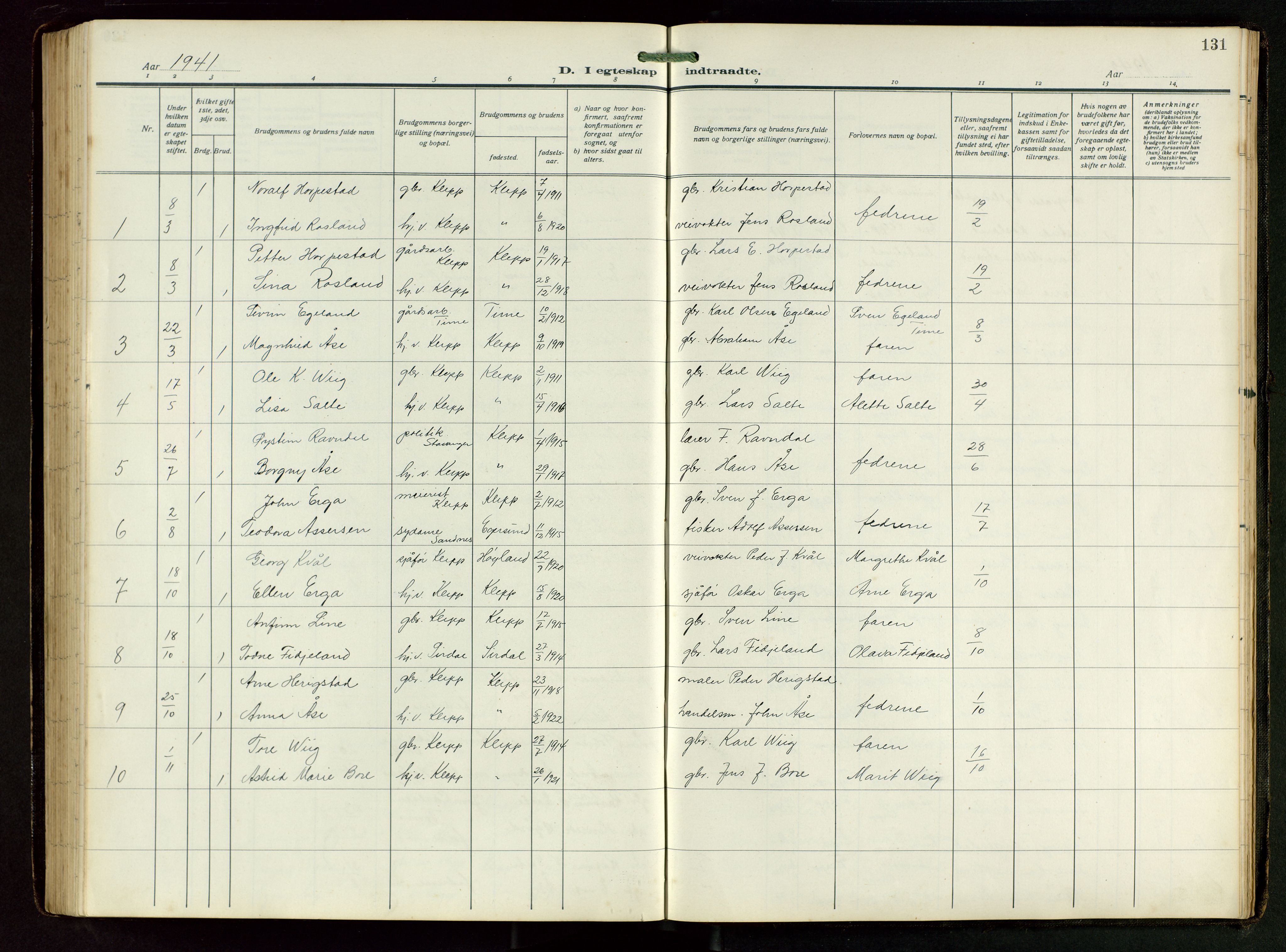 Klepp sokneprestkontor, AV/SAST-A-101803/001/3/30BB/L0008: Parish register (copy) no. B 8, 1918-1949, p. 131