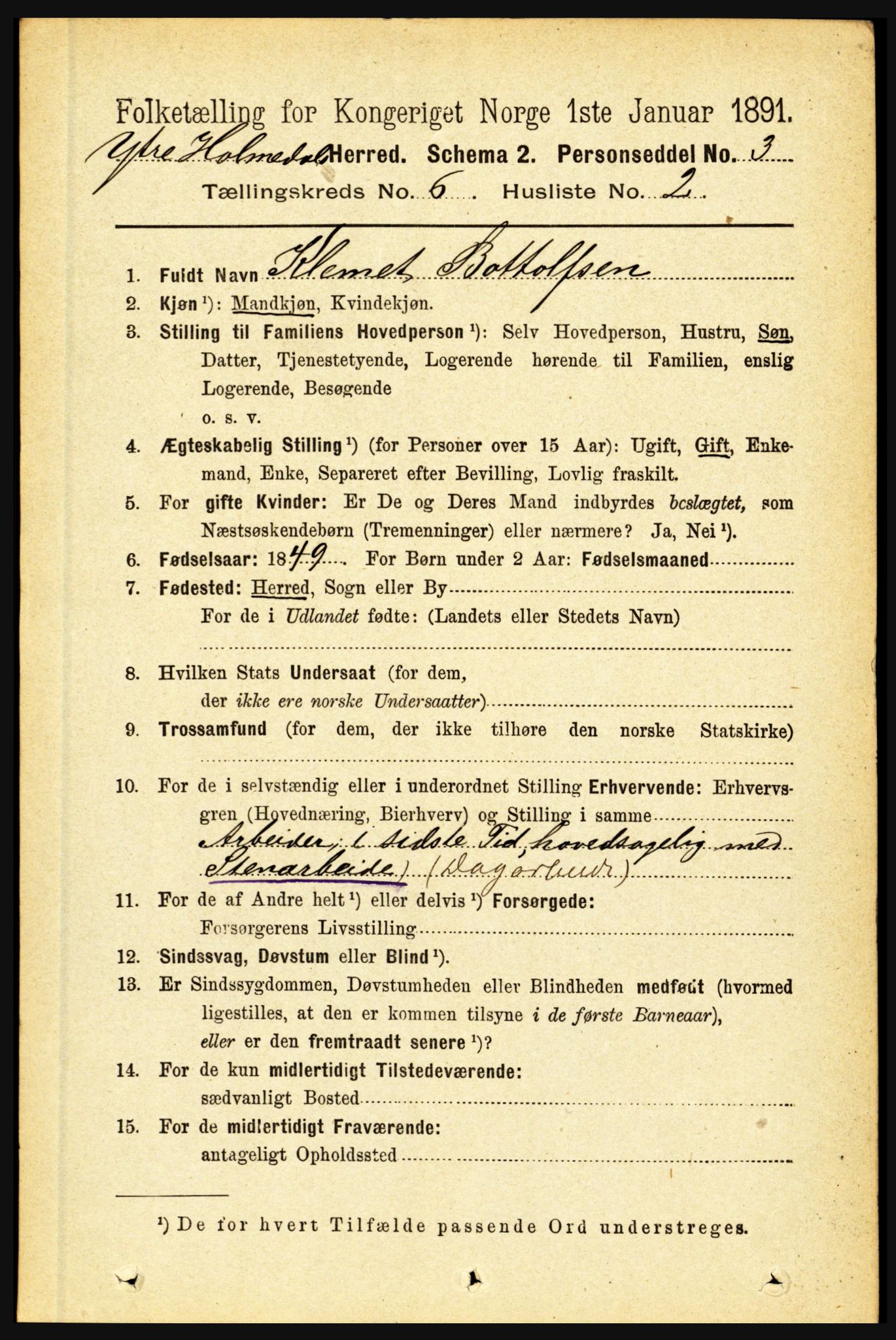 RA, 1891 census for 1429 Ytre Holmedal, 1891, p. 1343