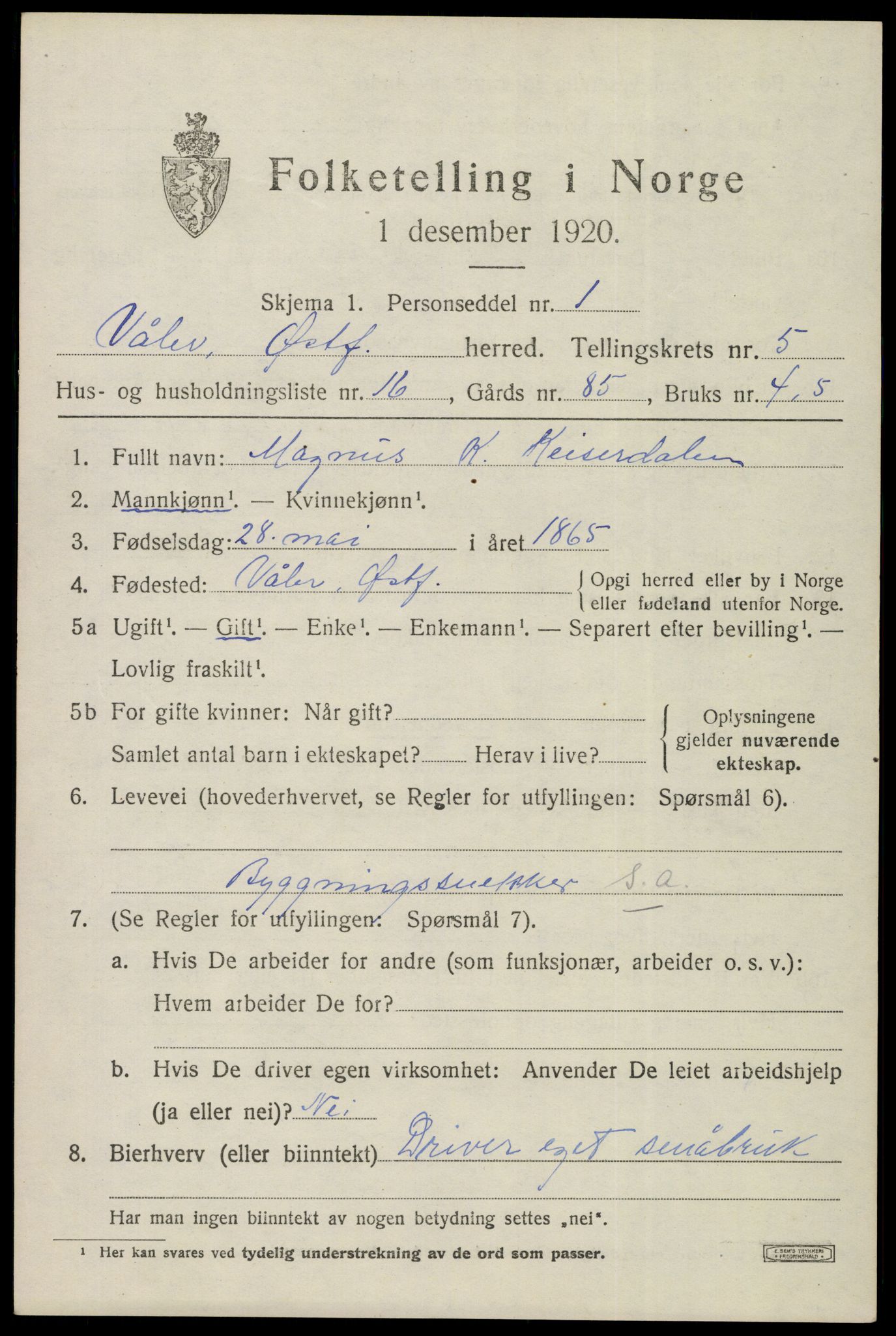 SAO, 1920 census for Våler, 1920, p. 2812