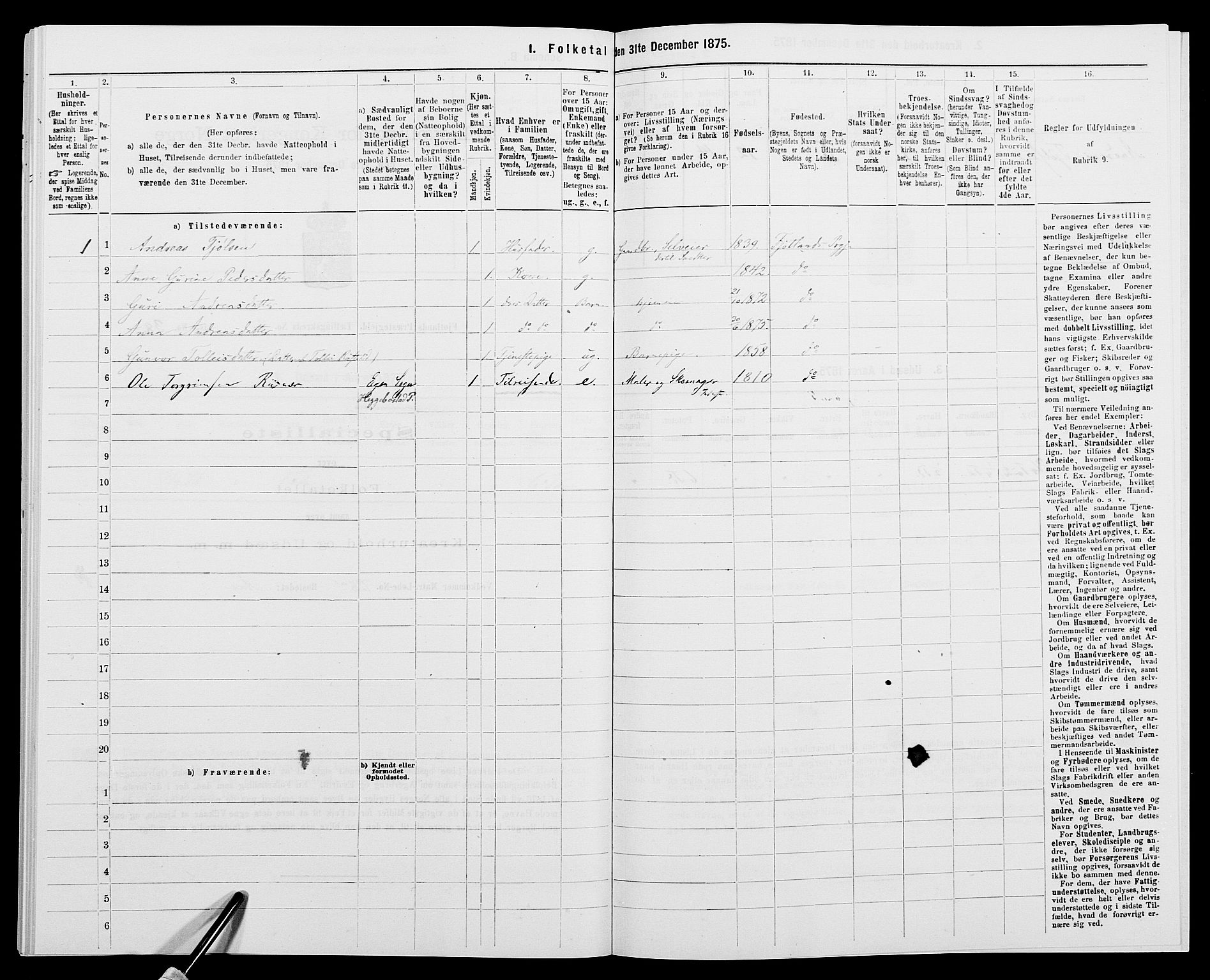 SAK, 1875 census for 1036P Fjotland, 1875, p. 292