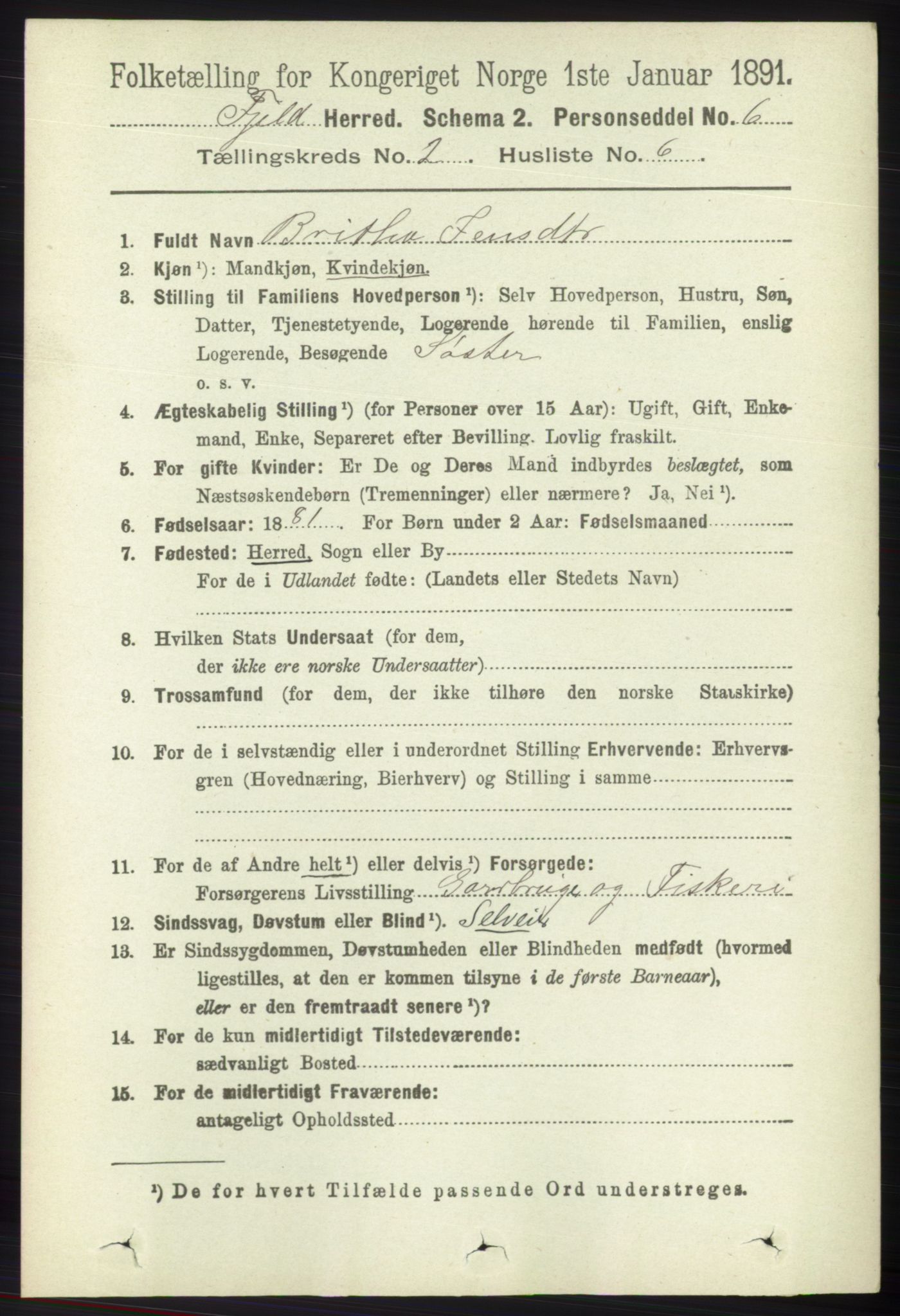 RA, 1891 census for 1246 Fjell, 1891, p. 735