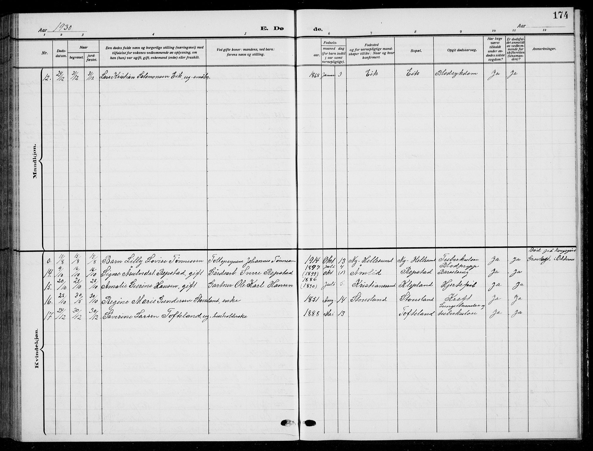 Søgne sokneprestkontor, SAK/1111-0037/F/Fb/Fbb/L0007: Parish register (copy) no. B 7, 1912-1931, p. 174