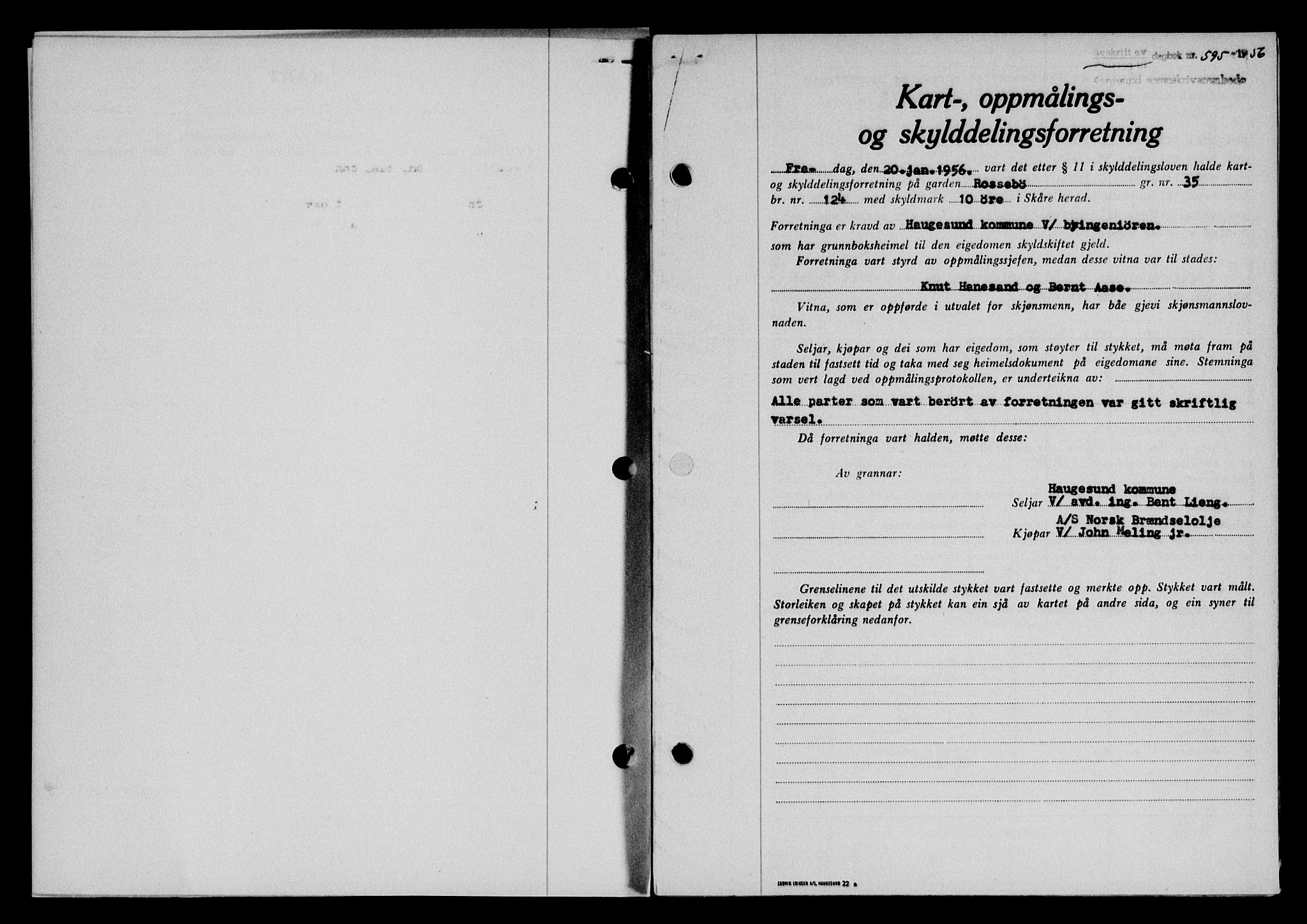 Karmsund sorenskriveri, SAST/A-100311/01/II/IIB/L0118: Mortgage book no. 98A, 1955-1956, Diary no: : 595/1956