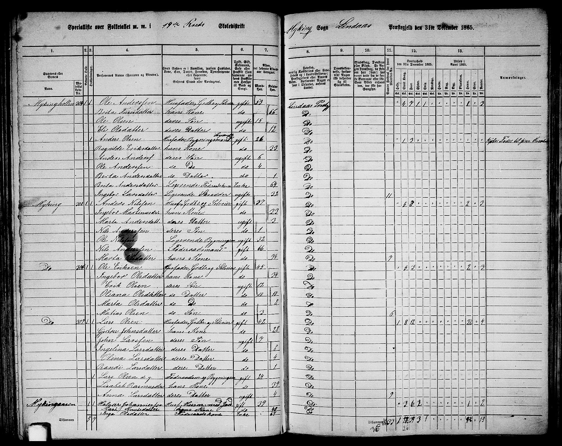 RA, 1865 census for Lindås, 1865, p. 132